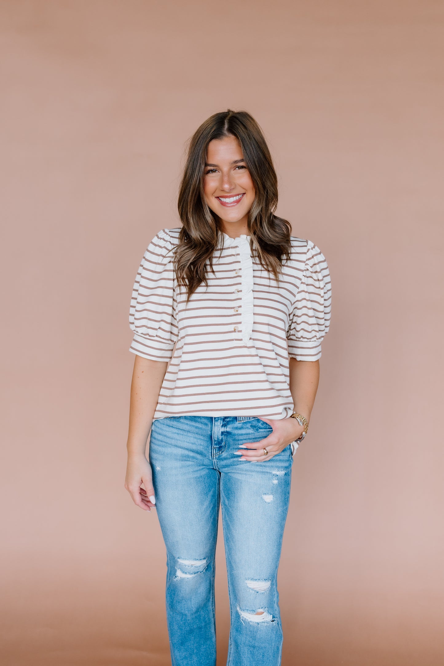 STRIPE PRINT PUFF SLEEVE TOP