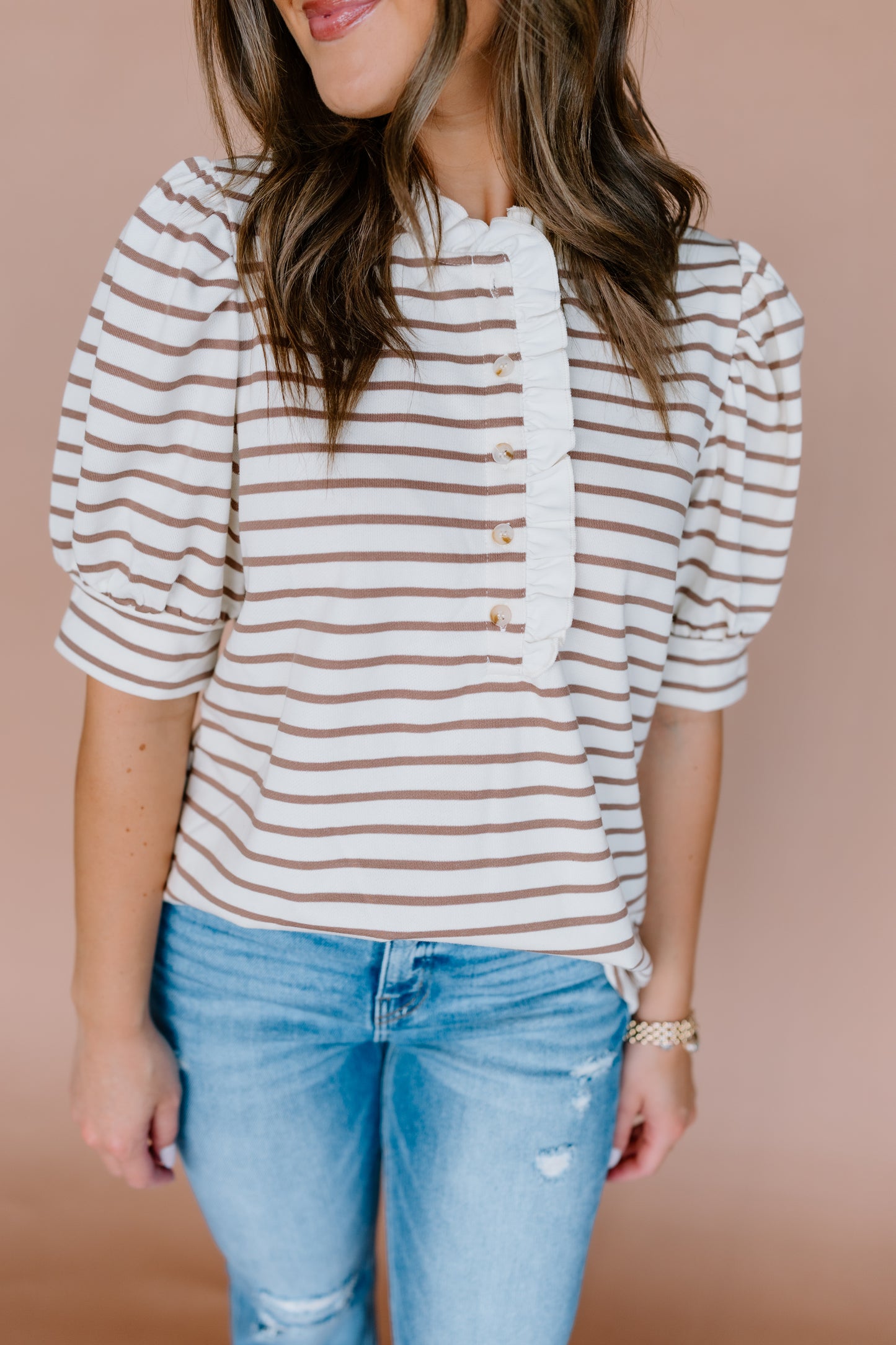 STRIPE PRINT PUFF SLEEVE TOP
