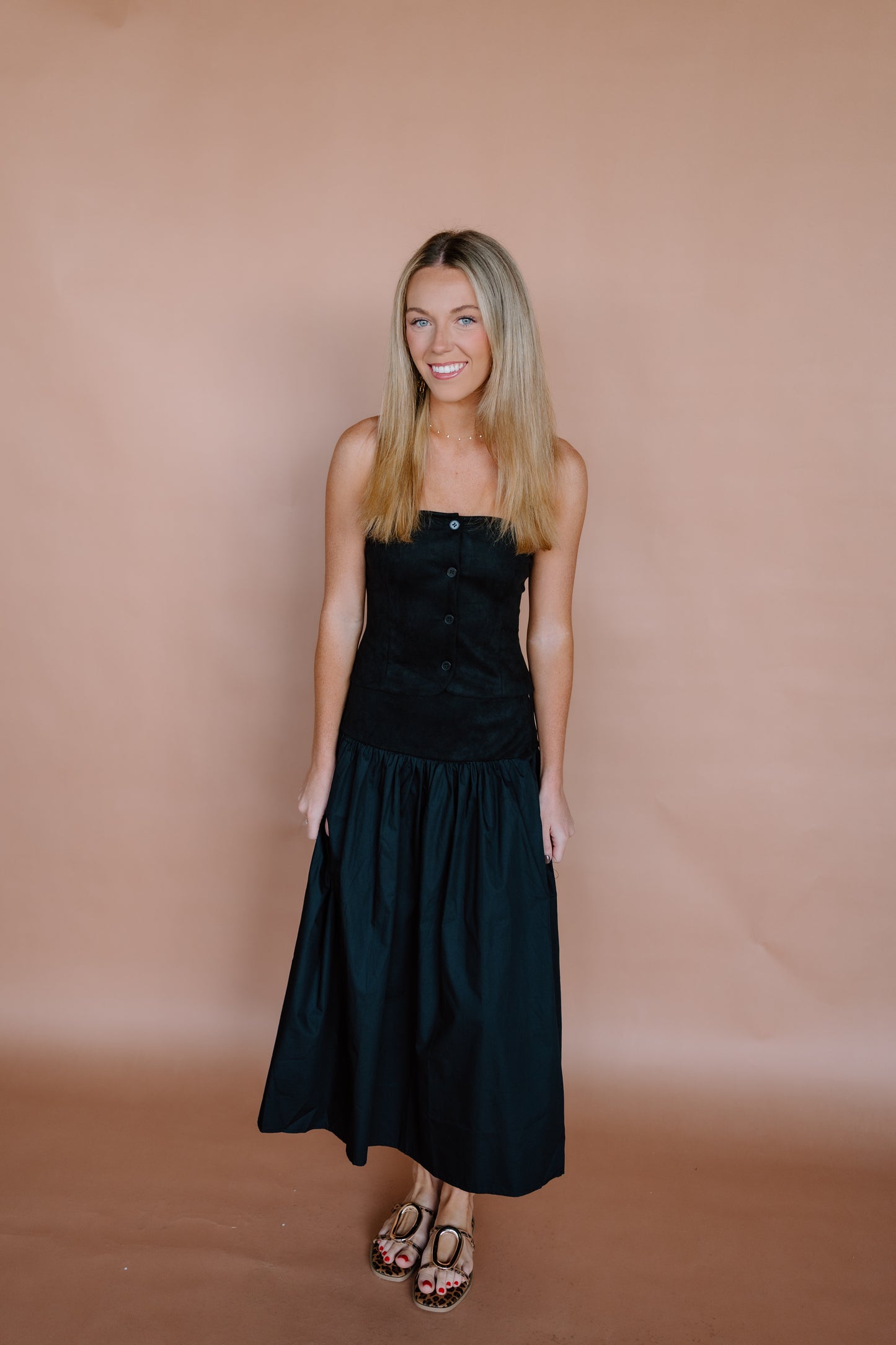 STRAPLESS SUEDE TUBE TOP AND MIDI SKIRT