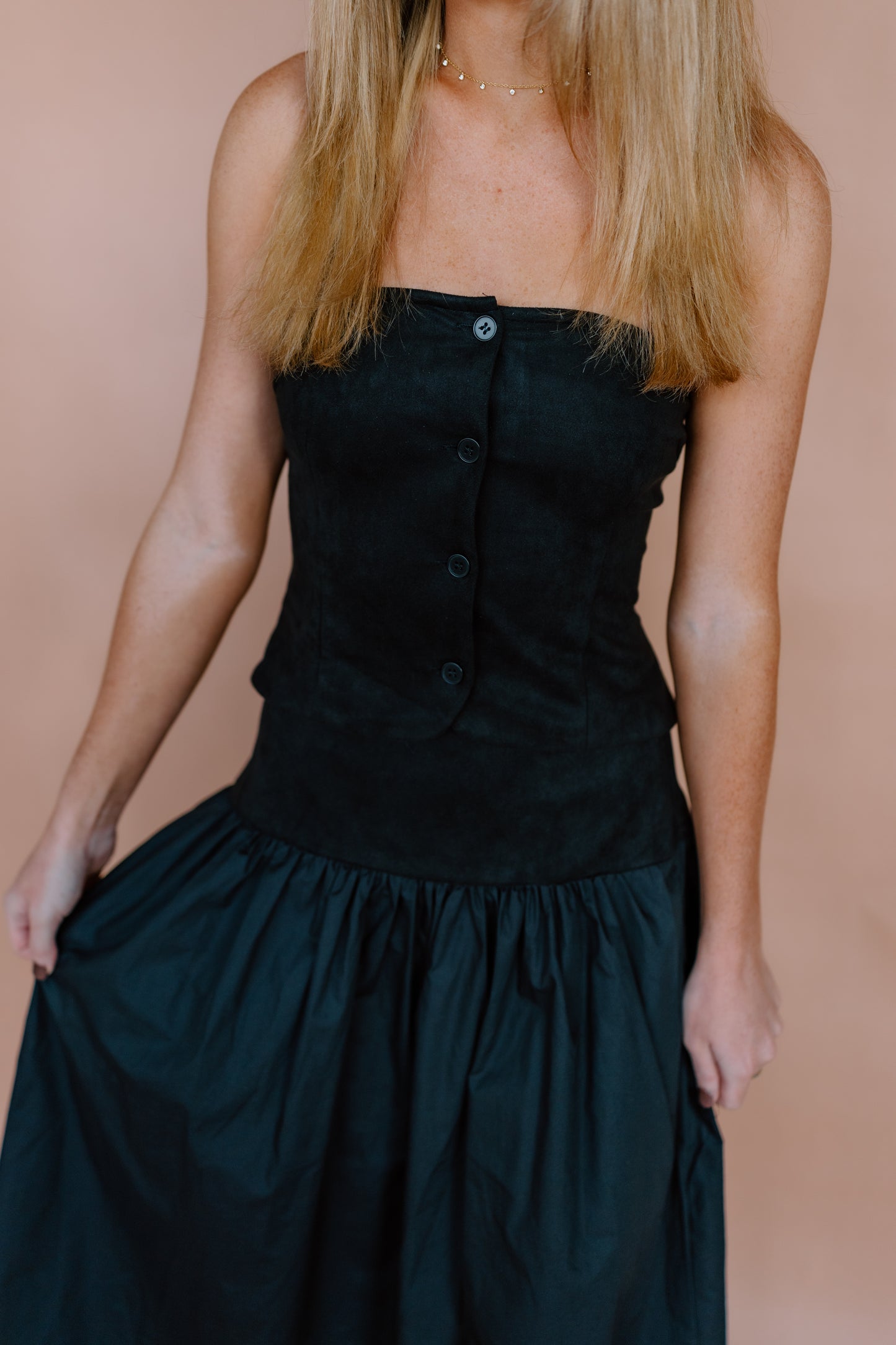 STRAPLESS SUEDE TUBE TOP AND MIDI SKIRT