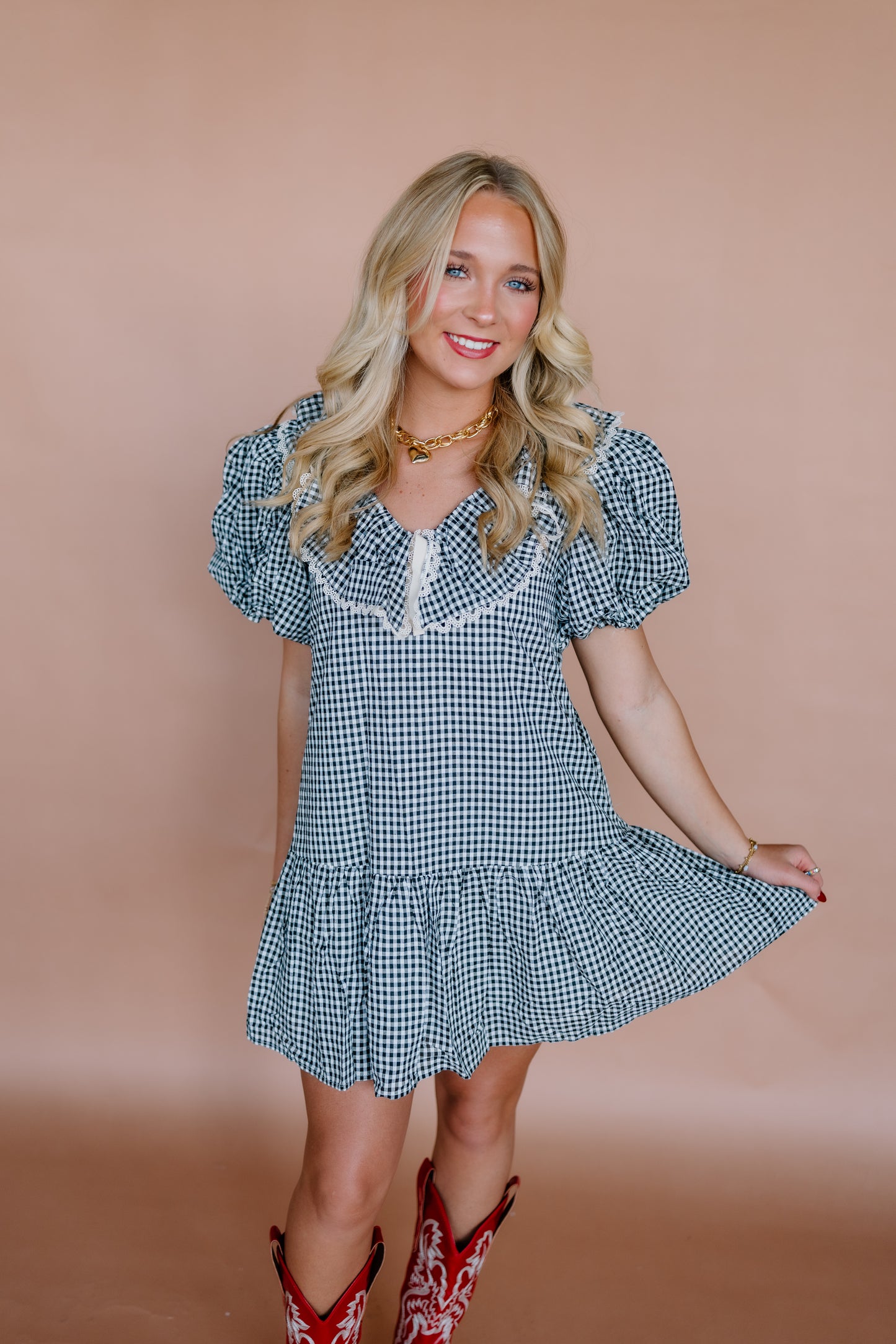 FANCY GINGHAM TIE MINI DRESS
