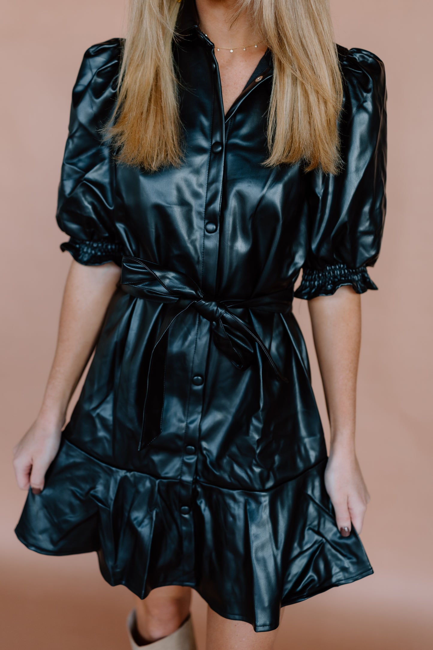 PLEATHER PUFF SLEEVE MINI DRESS