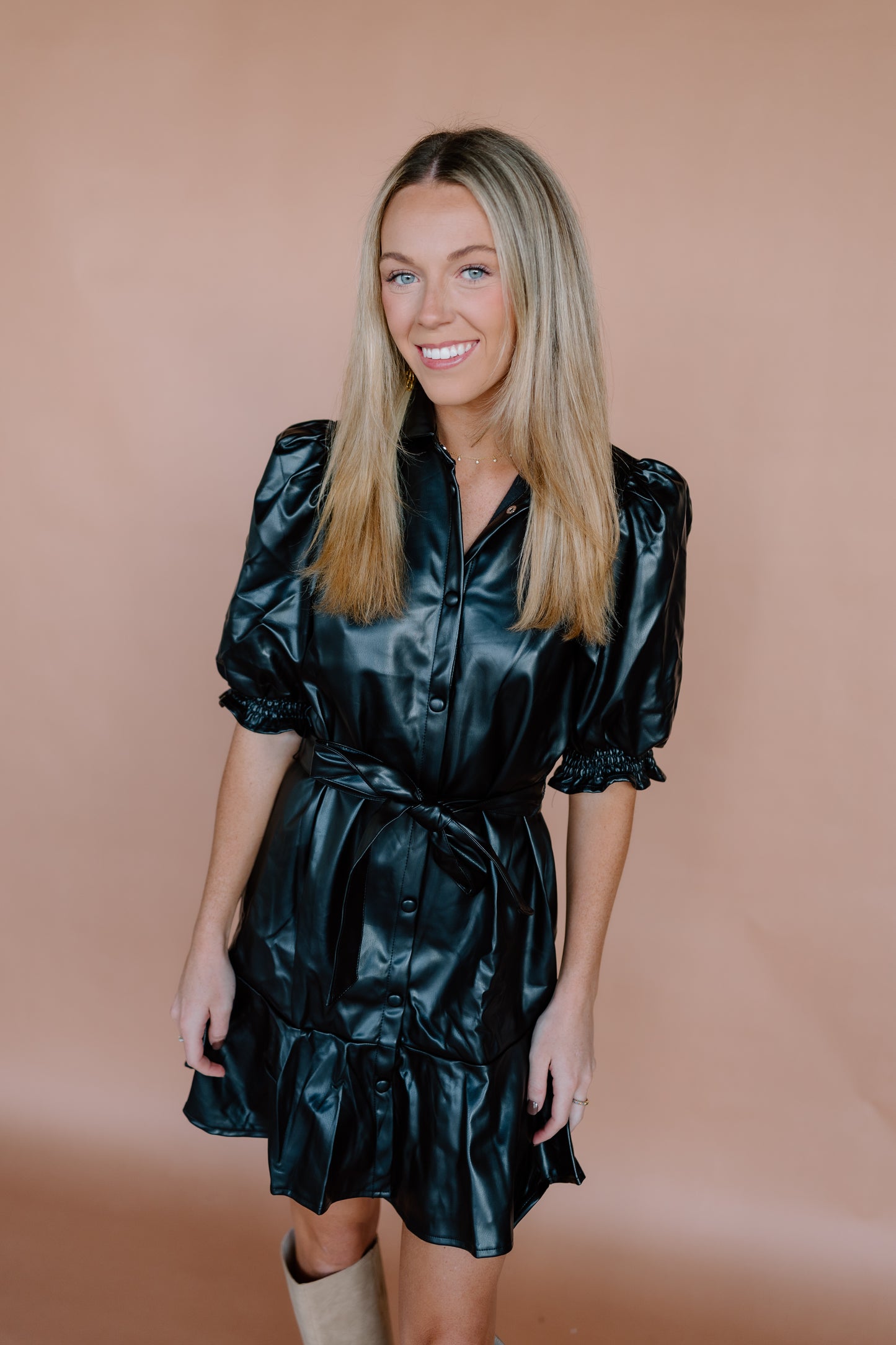 PLEATHER PUFF SLEEVE MINI DRESS