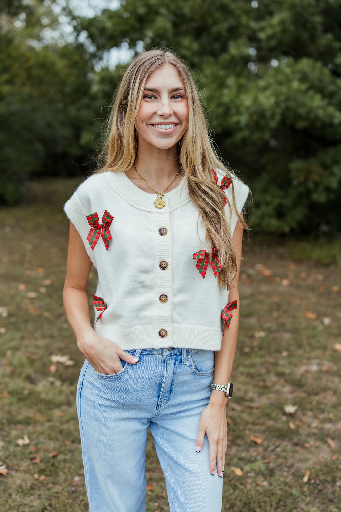 LOTS OF RIBBON CROPPED BUTTON DOWN VEST