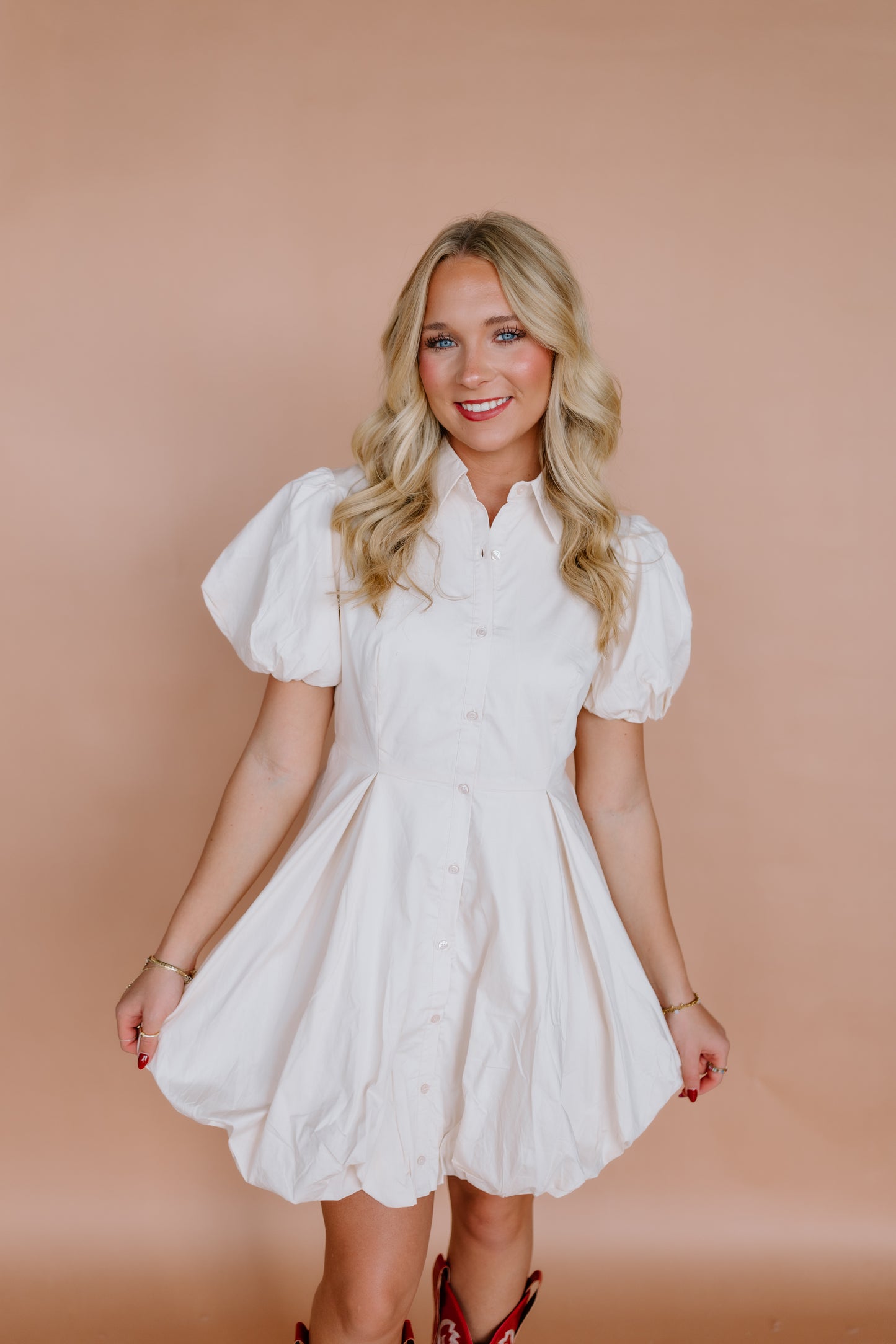 TAYLOR BUBBLE HEM MINI SHIRT DRESS