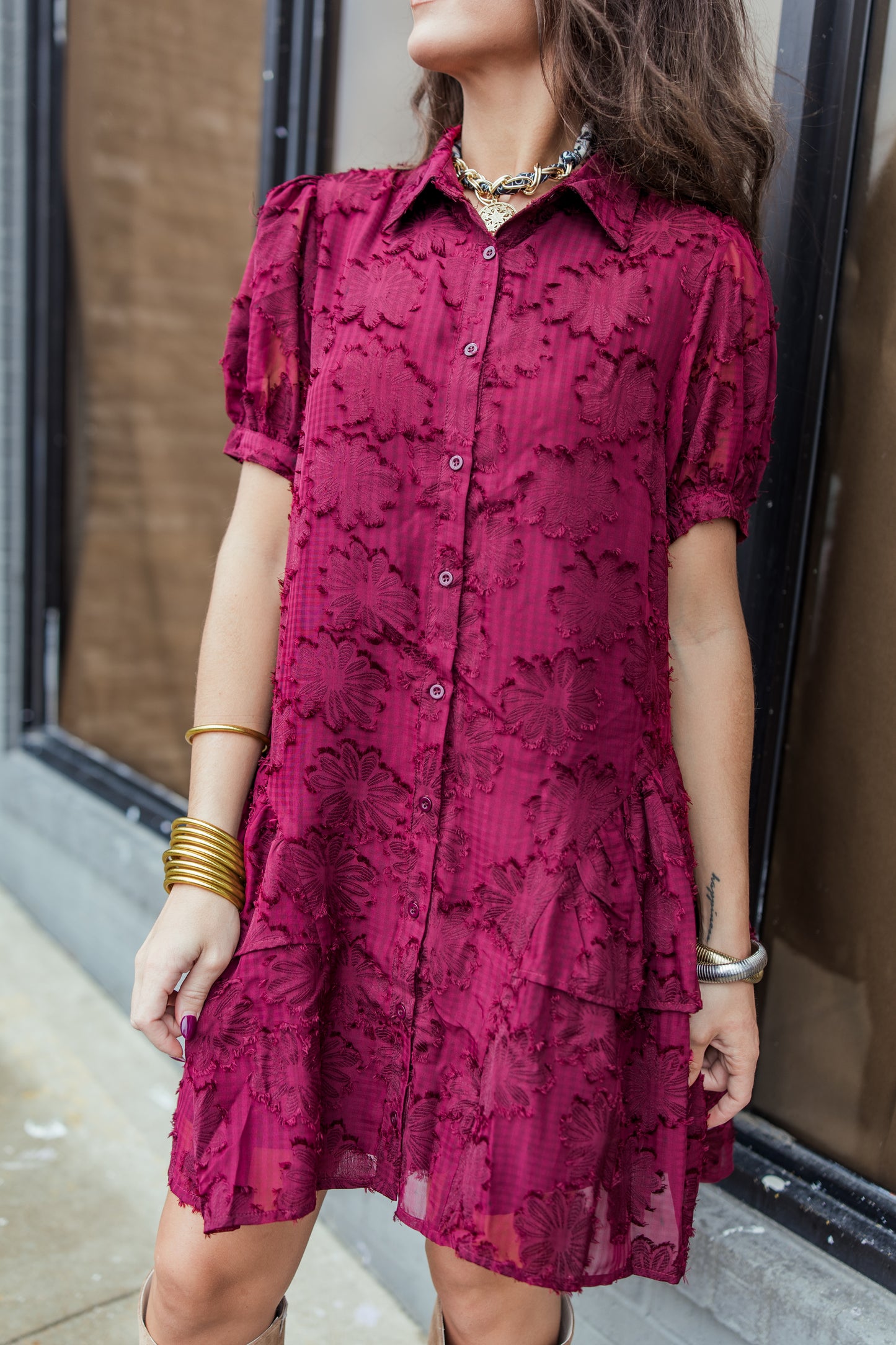 BIRDY TIERED BURGUNDY MINI DRESS