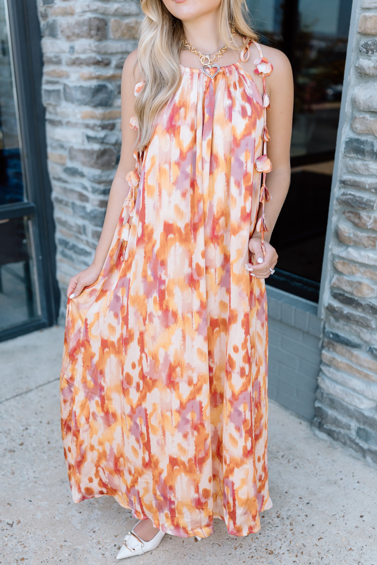 ABSTRACT FLORAL PETAL TRIM MAXI DRESS