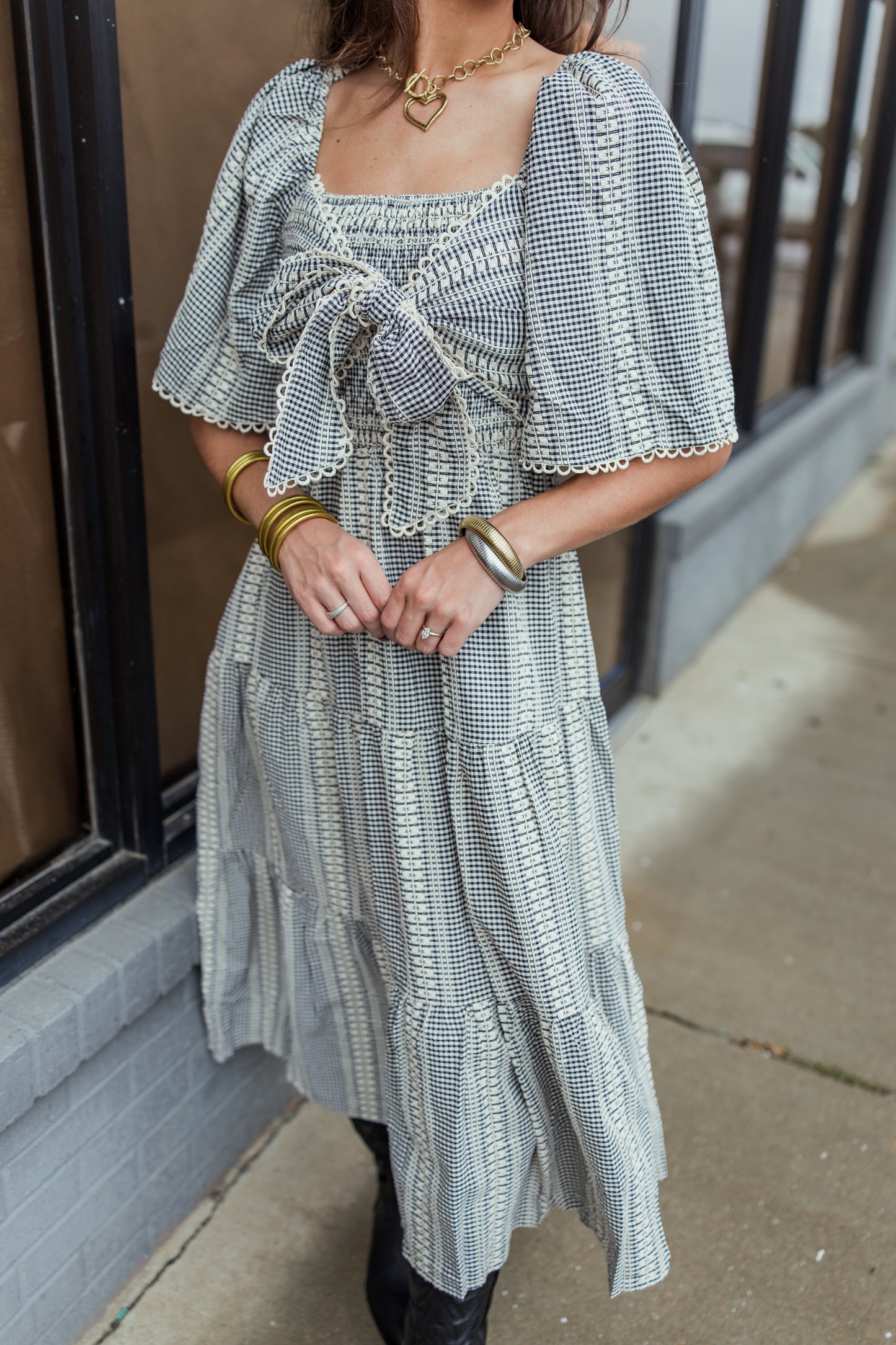 VINTAGE GINGHAM BOW MAXI DRESS