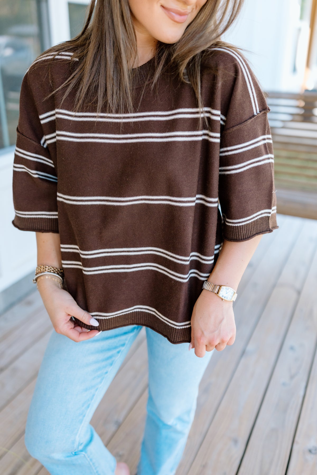 STRIPE KNIT SHORT SLEEVE SWEATER