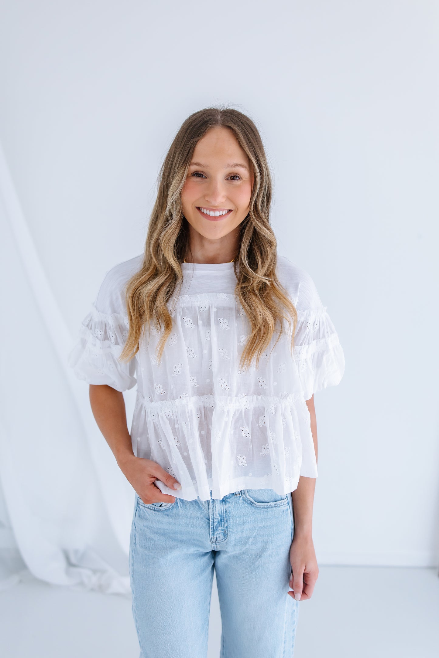 ONE THING EYELET BABYDOLL TOP