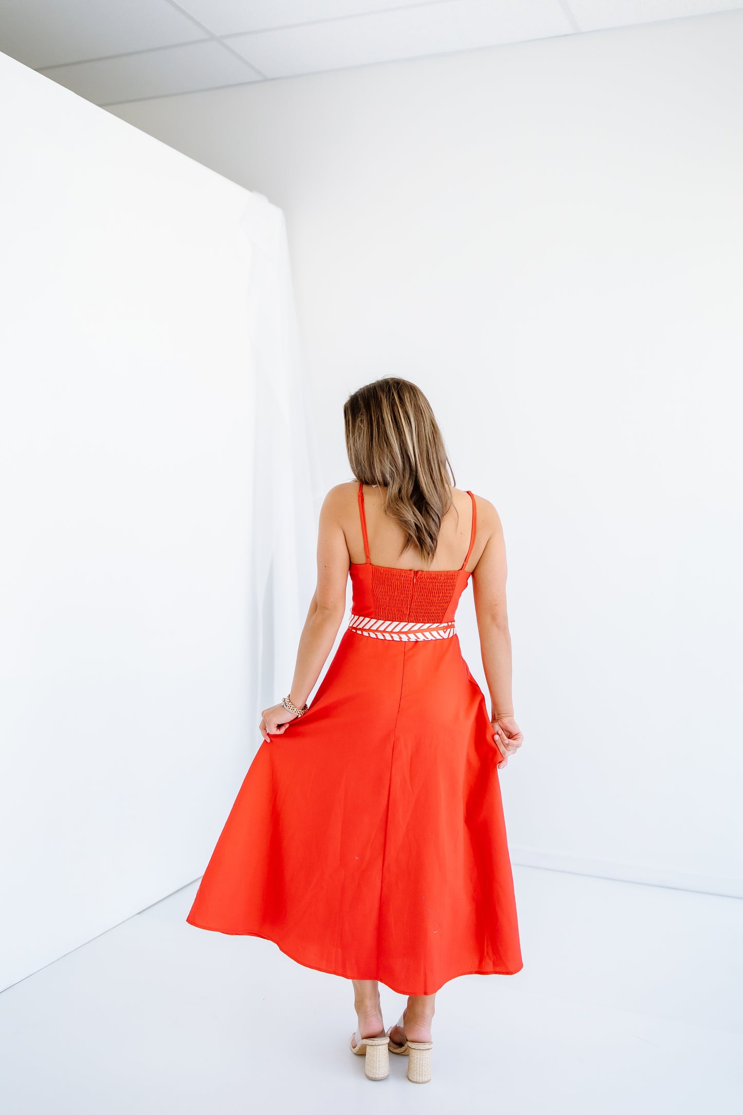 PLEATED BUST SCARF MIDI DRESS