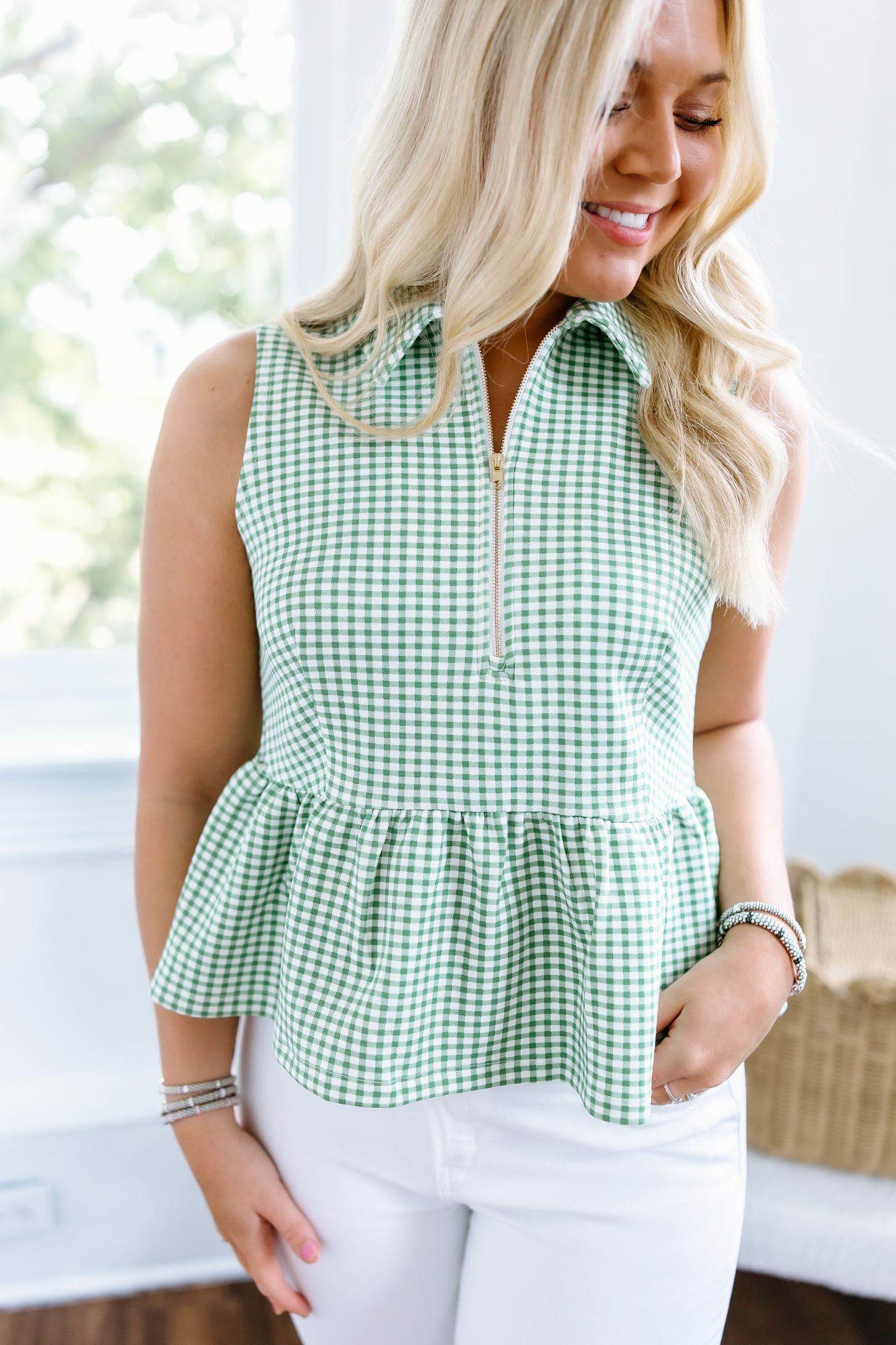 GINGHAM QUARTER ZIP TOP