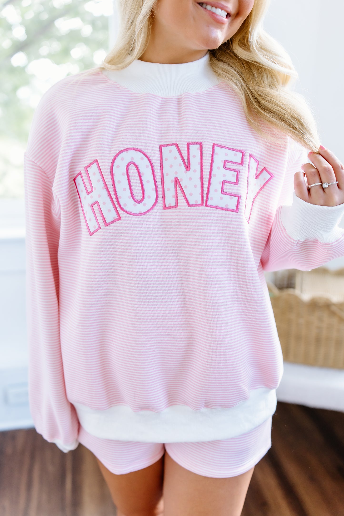 PINK STRIPE AND DOTS HONEY MOCK NECK