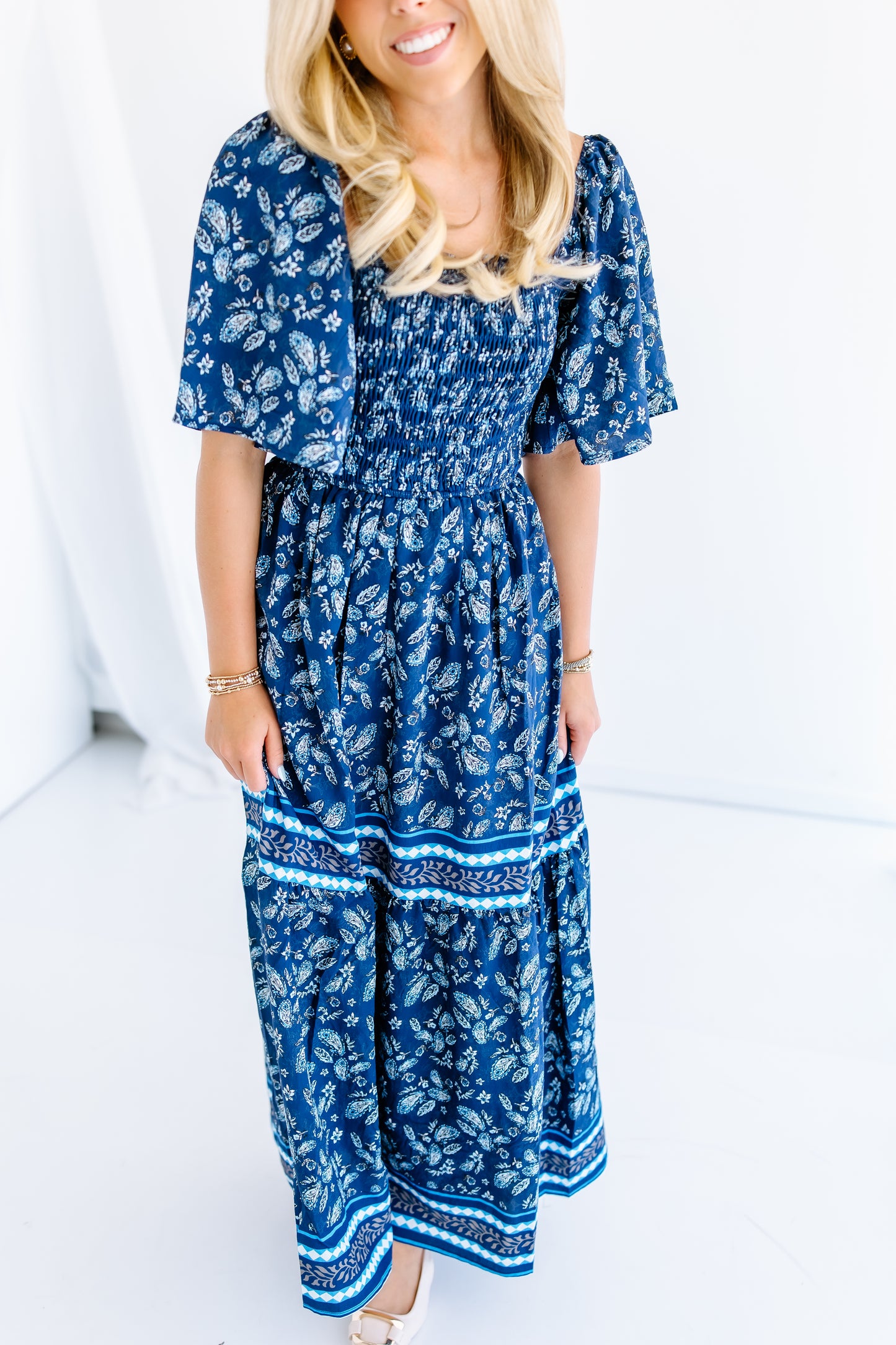 PAISLEY PRINT SMOCKED MAXI DRESS