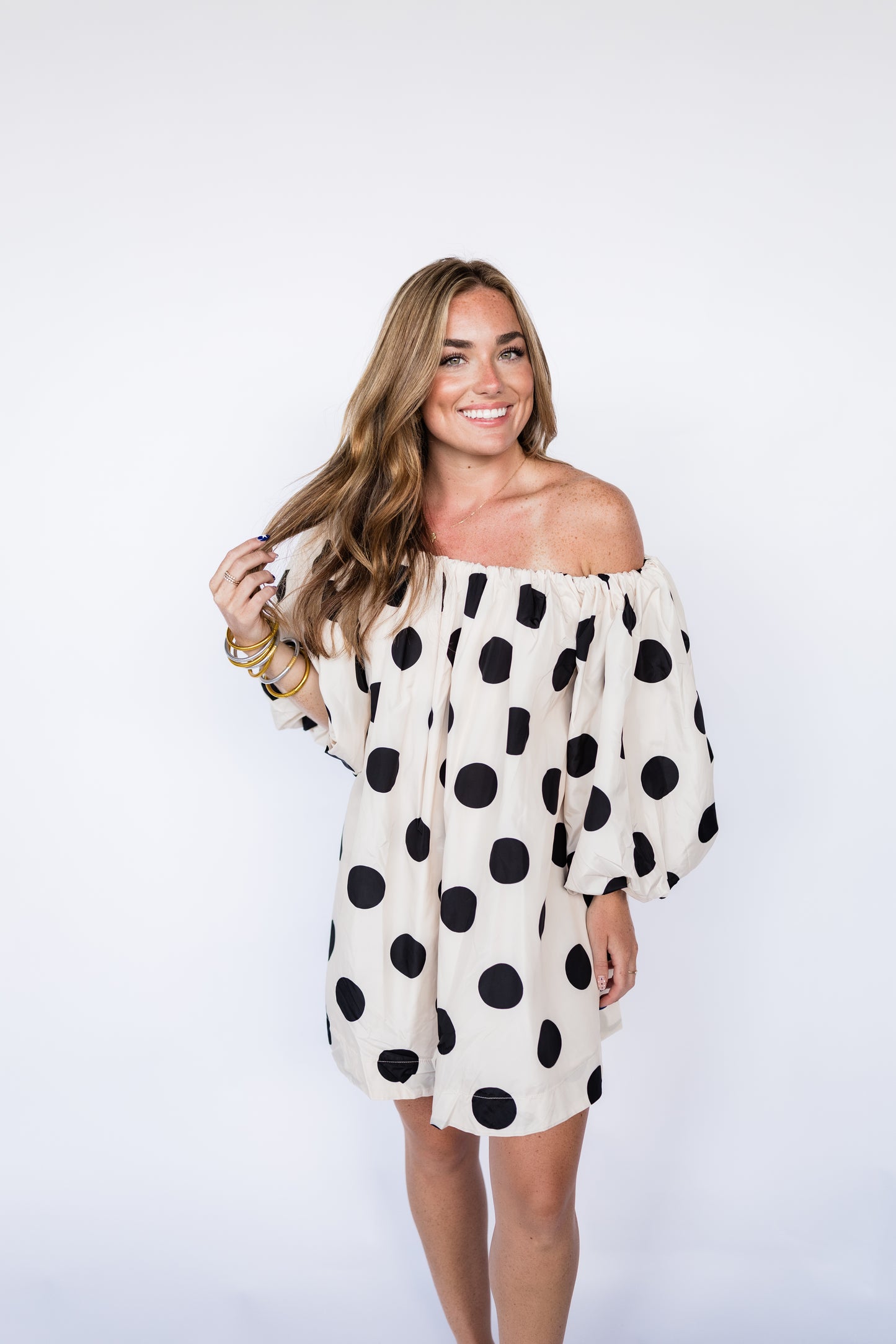 STATEMENT OFF SHOULDER POLKA DOT DRESS