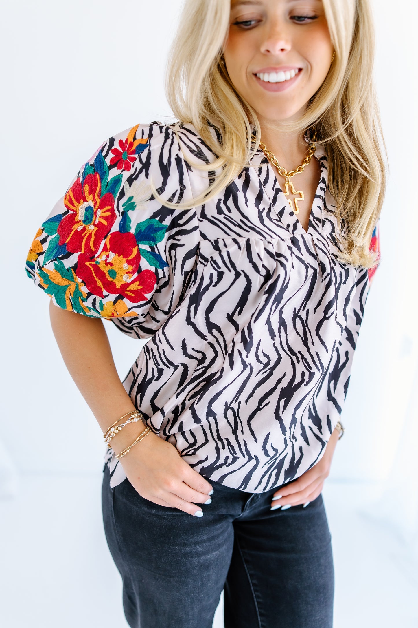 ZEBRA EMBROIDERED BLOUSE TOP