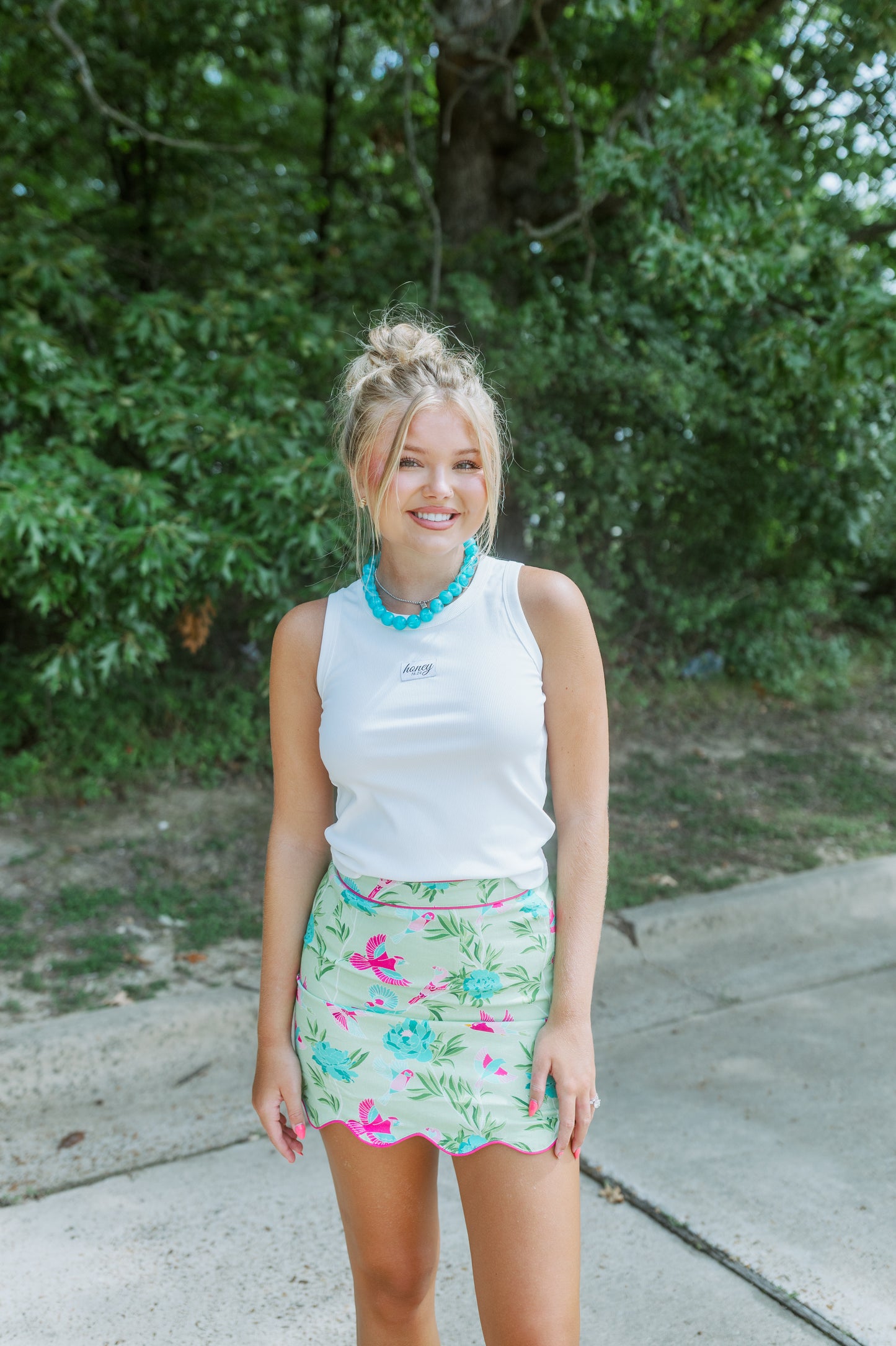 BIRDS AND FLORAL SCALLOPED MINI SKIRT