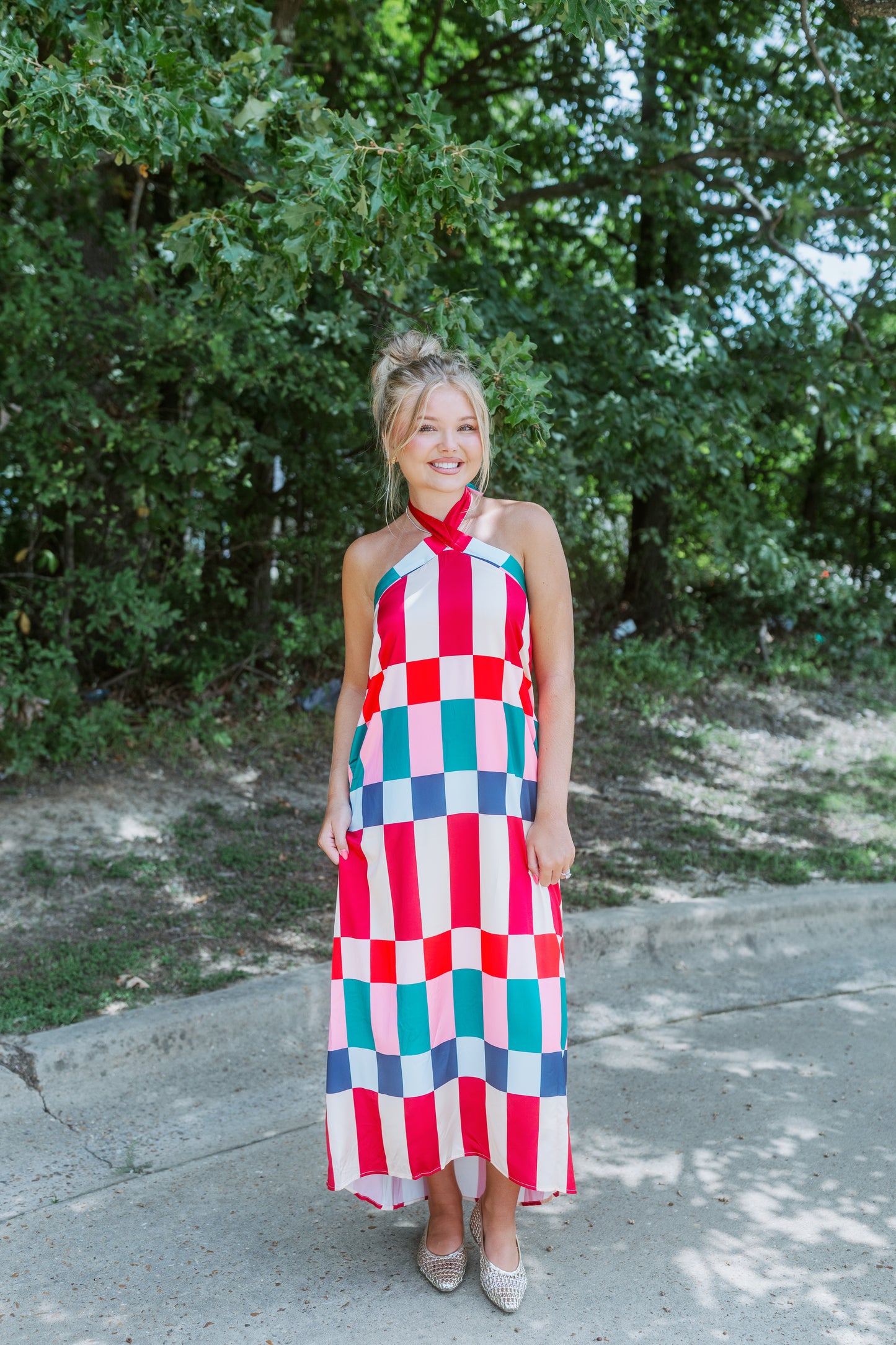 FOUND OUT COLOR BLOCK HALTER MAXI DRESS