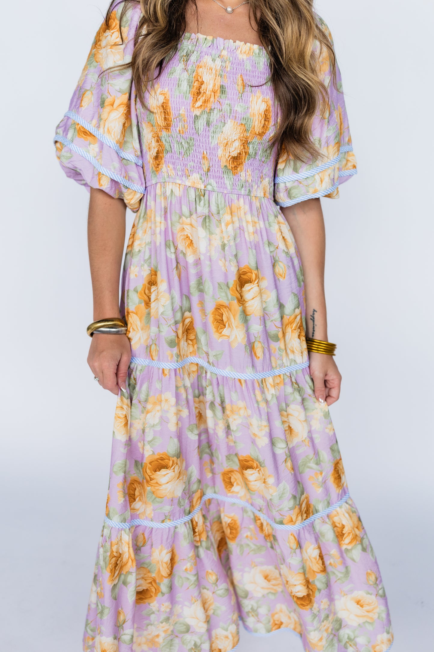 SMOCKED BALLOON SLEEVE FLORAL MAXI DRESS
