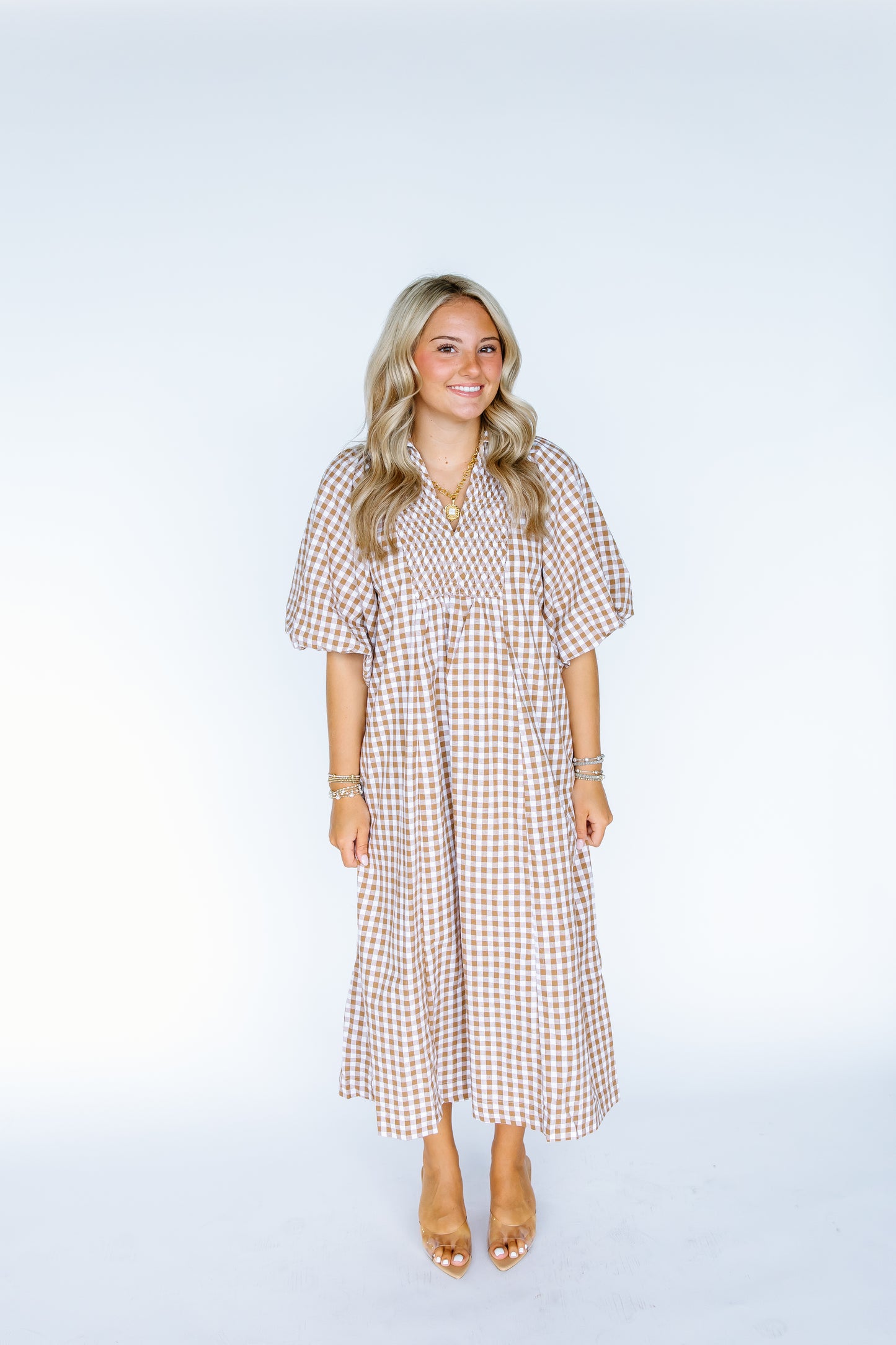 TAKE YOU OUT GINGHAM MIDI DRESS