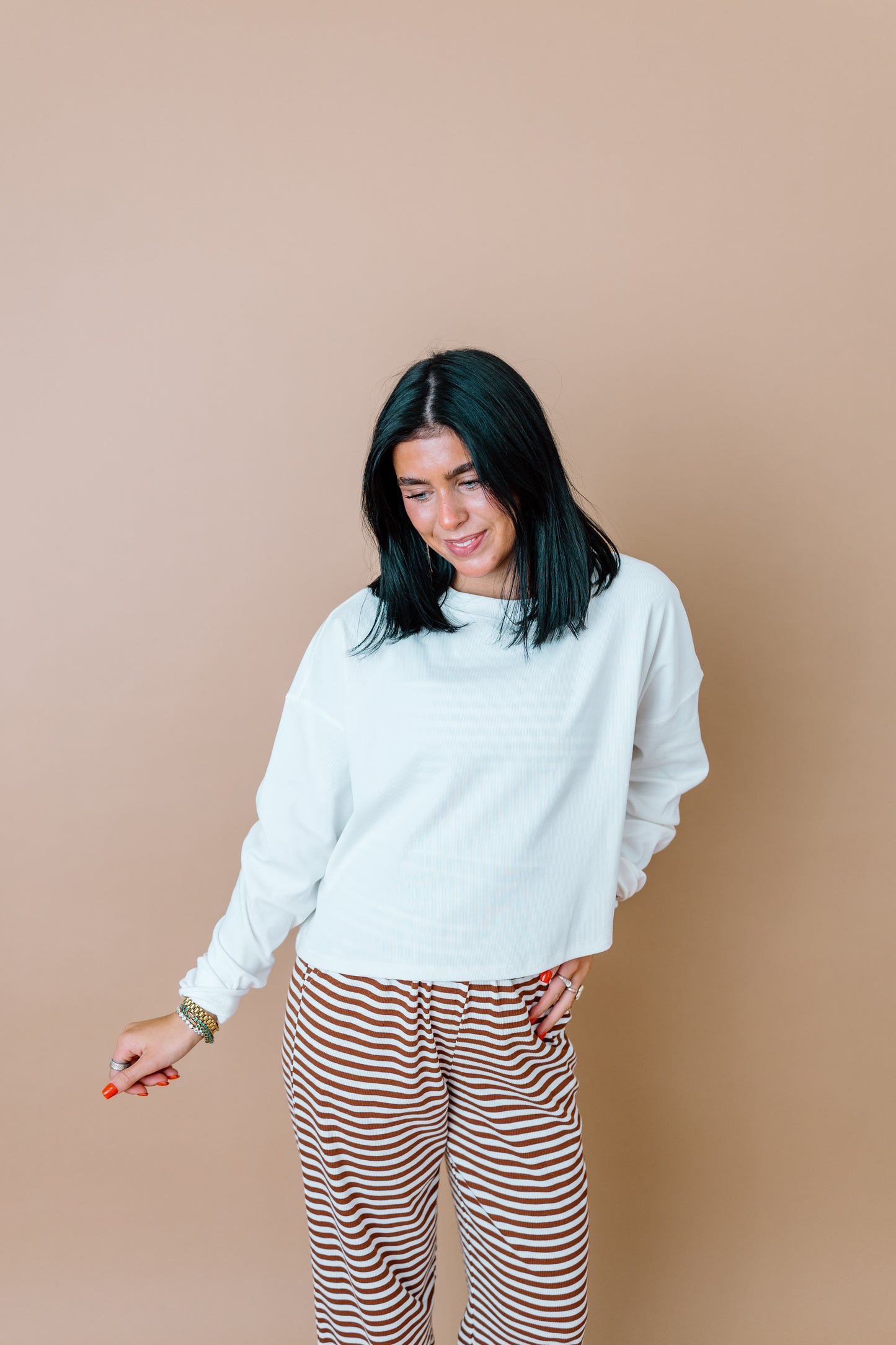 HONEY WHITE RIBBED LONG SLEEVE TOP