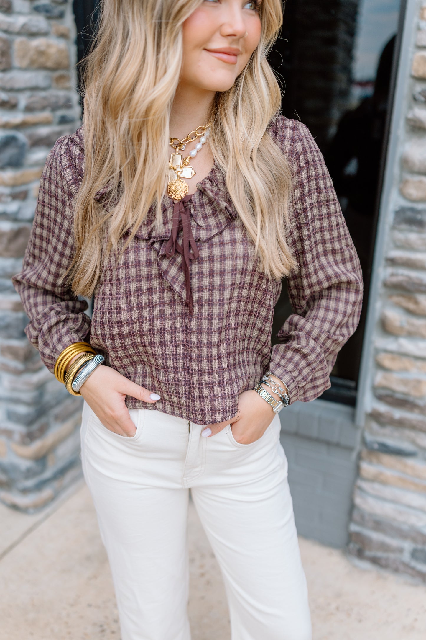 LESLIE GINGHAM RUFFLE BLOUSE