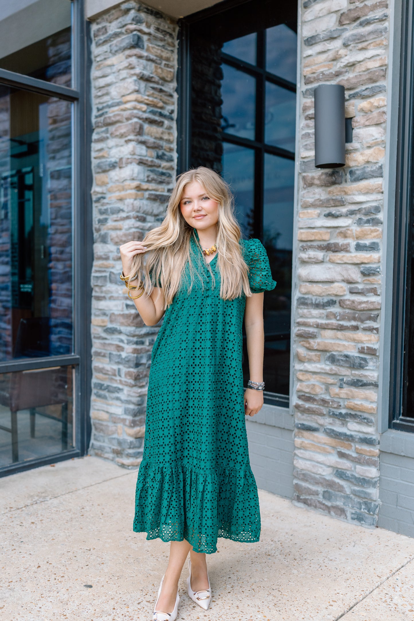 HOW GREAT EYELET MIDI DRESS