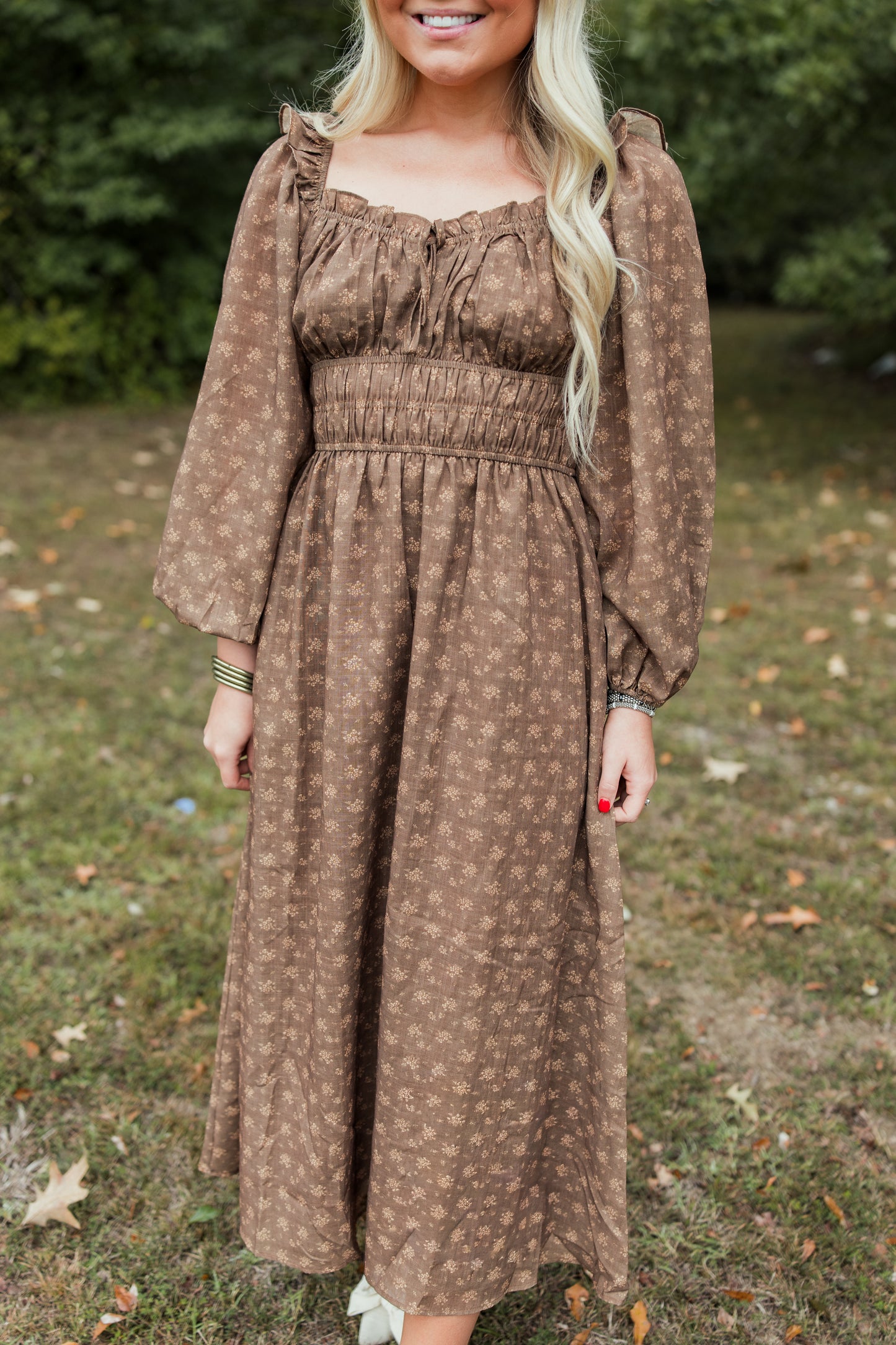 LEAVES TURNING SMOCKED LONG SLEEVE MIDI DRESS