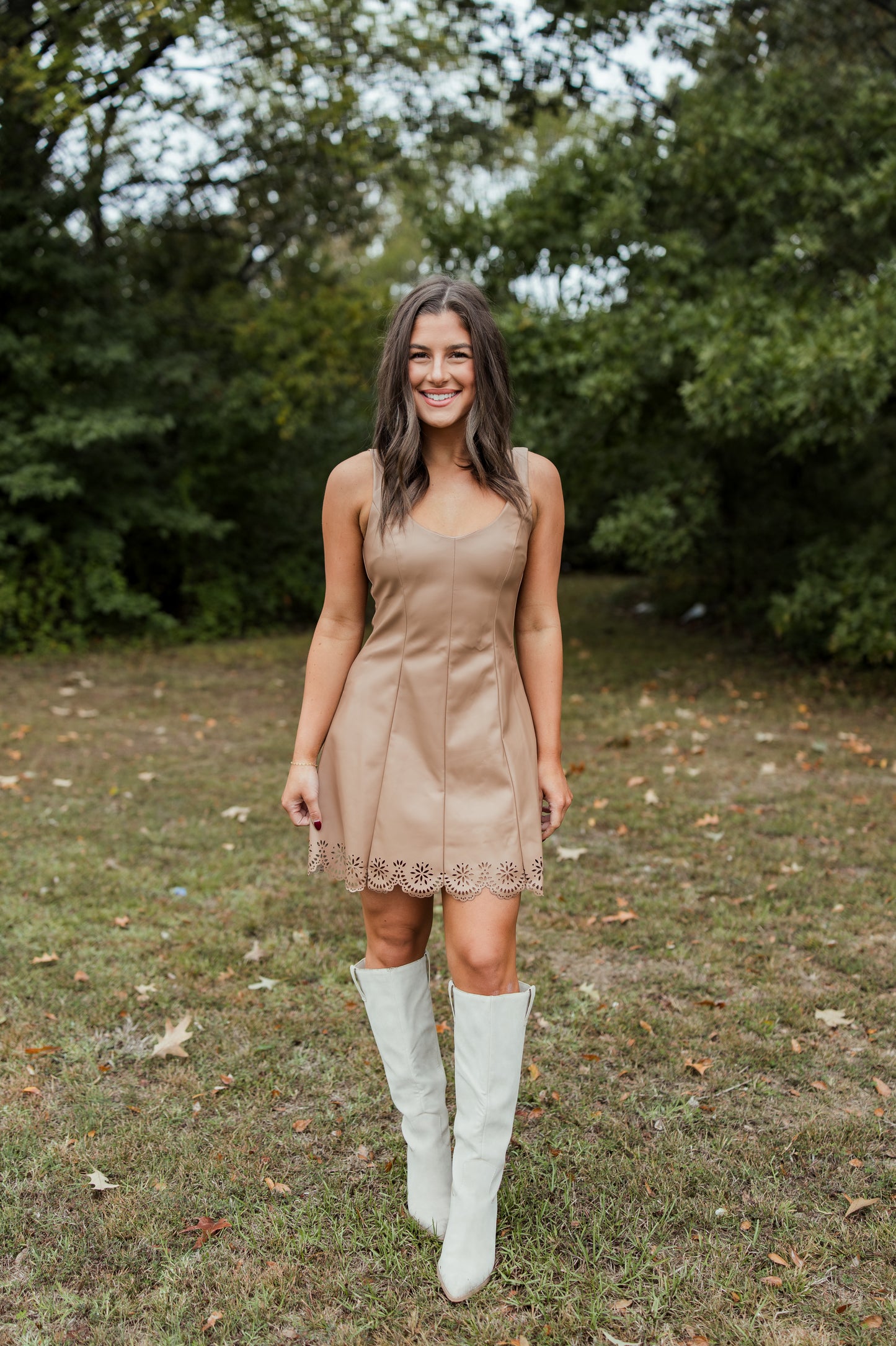 FAUX LEATHER SCALLOP MINI DRESS