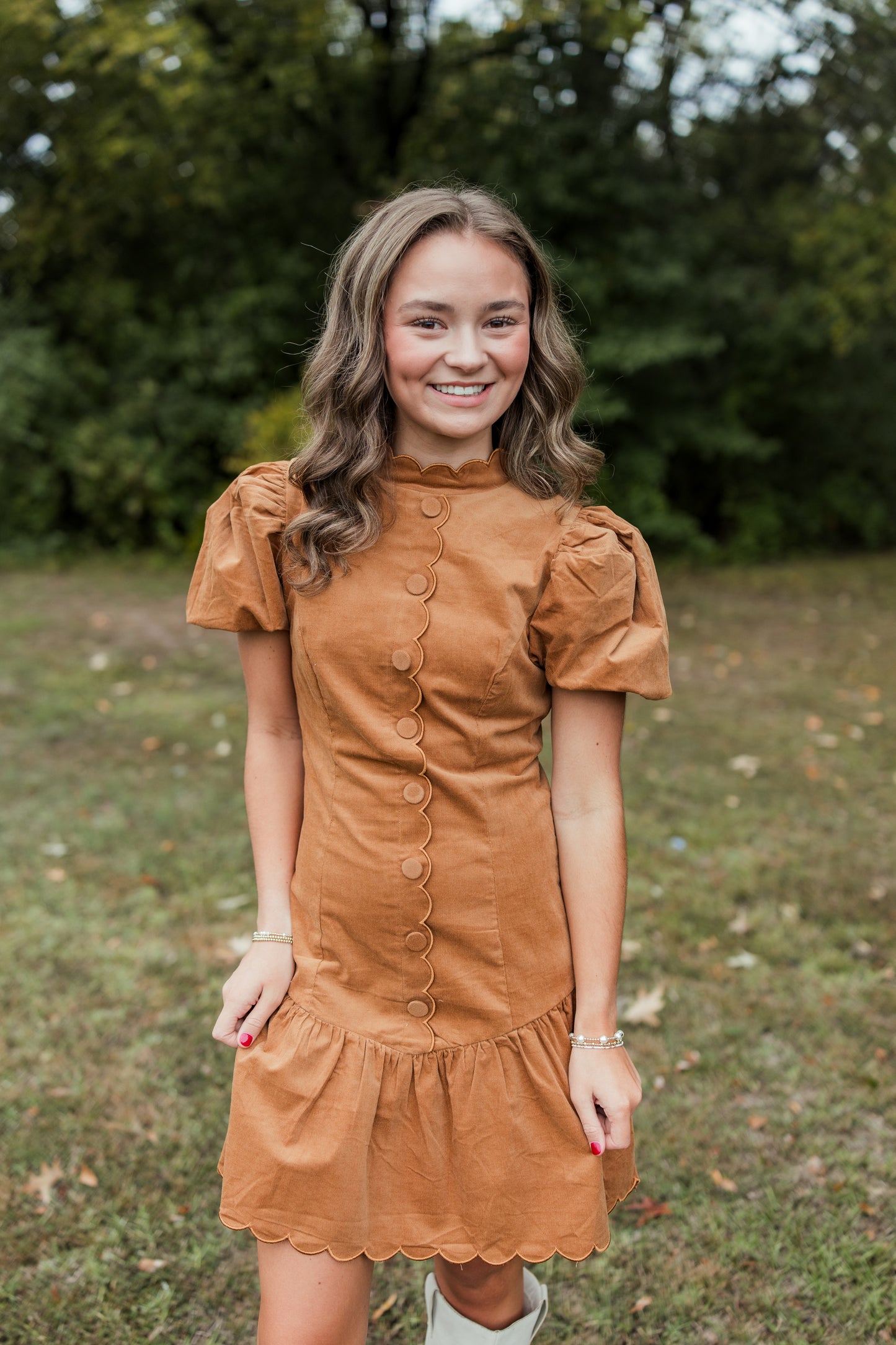 SCALLOPED FITTED BODICE RUFFLE DRESS