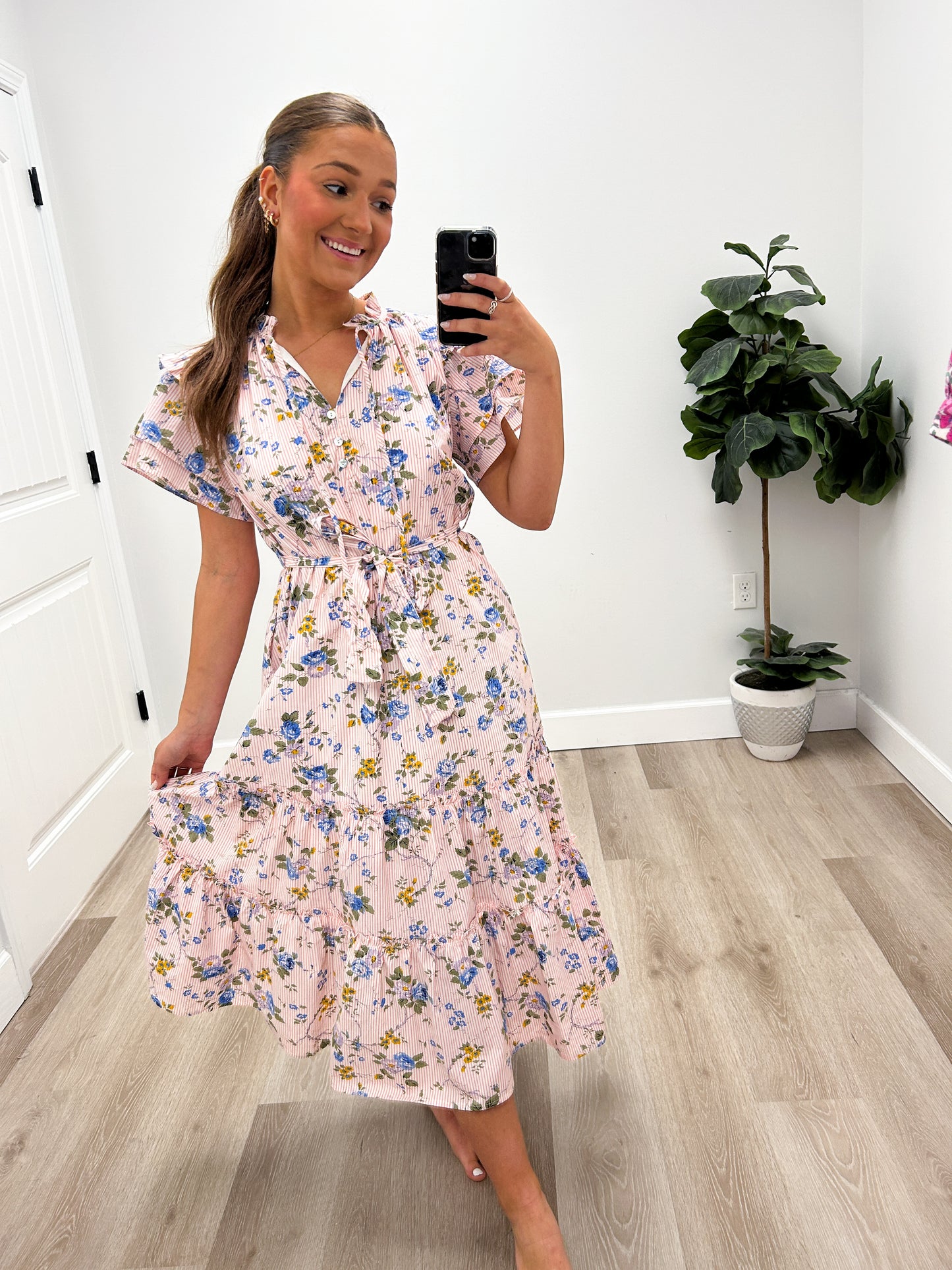 FLORAL PRINT DOUBLE SLEEVE MIDI DRESS