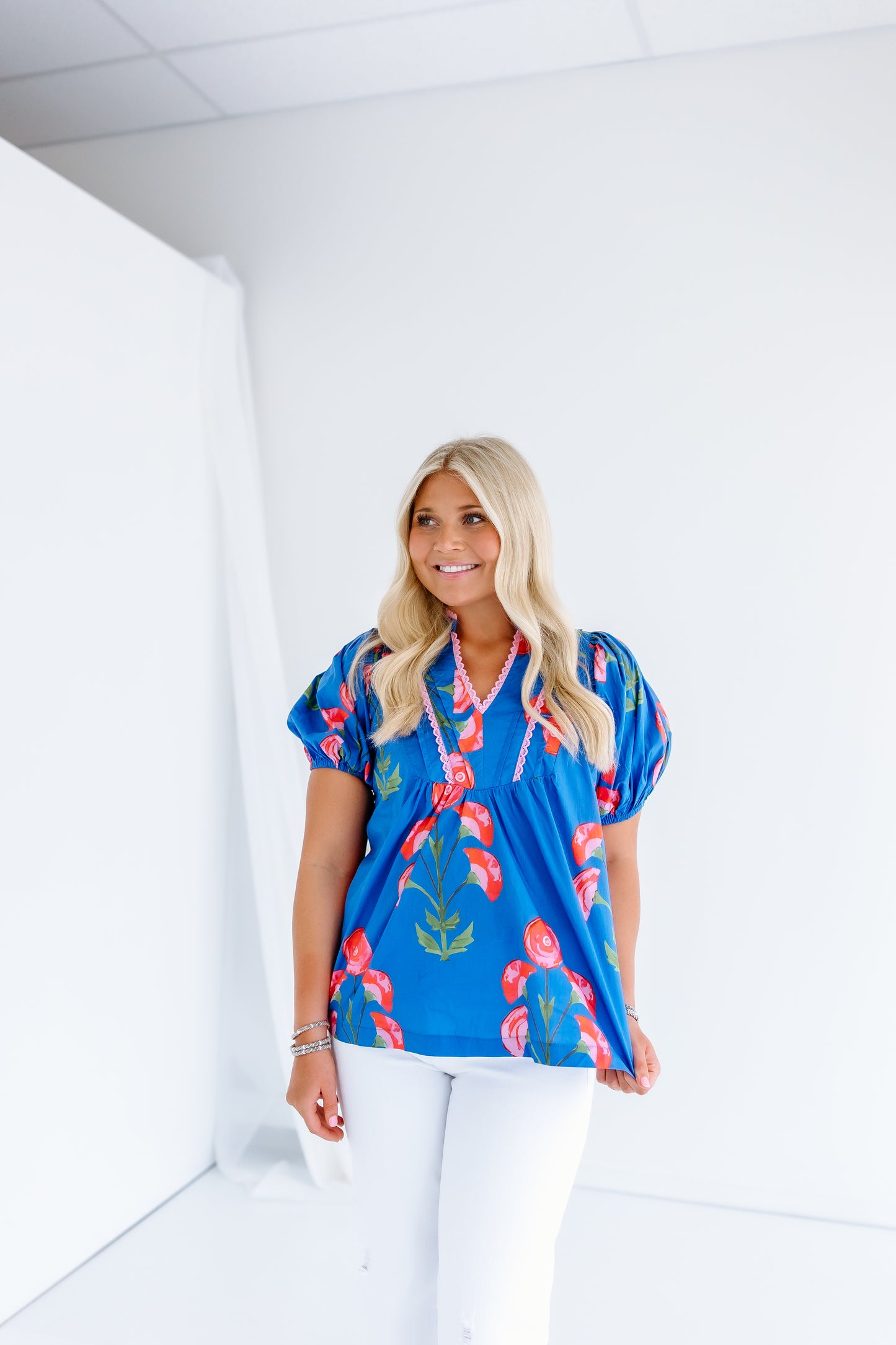 FLORAL PINTUCK LACE DETAIL TOP