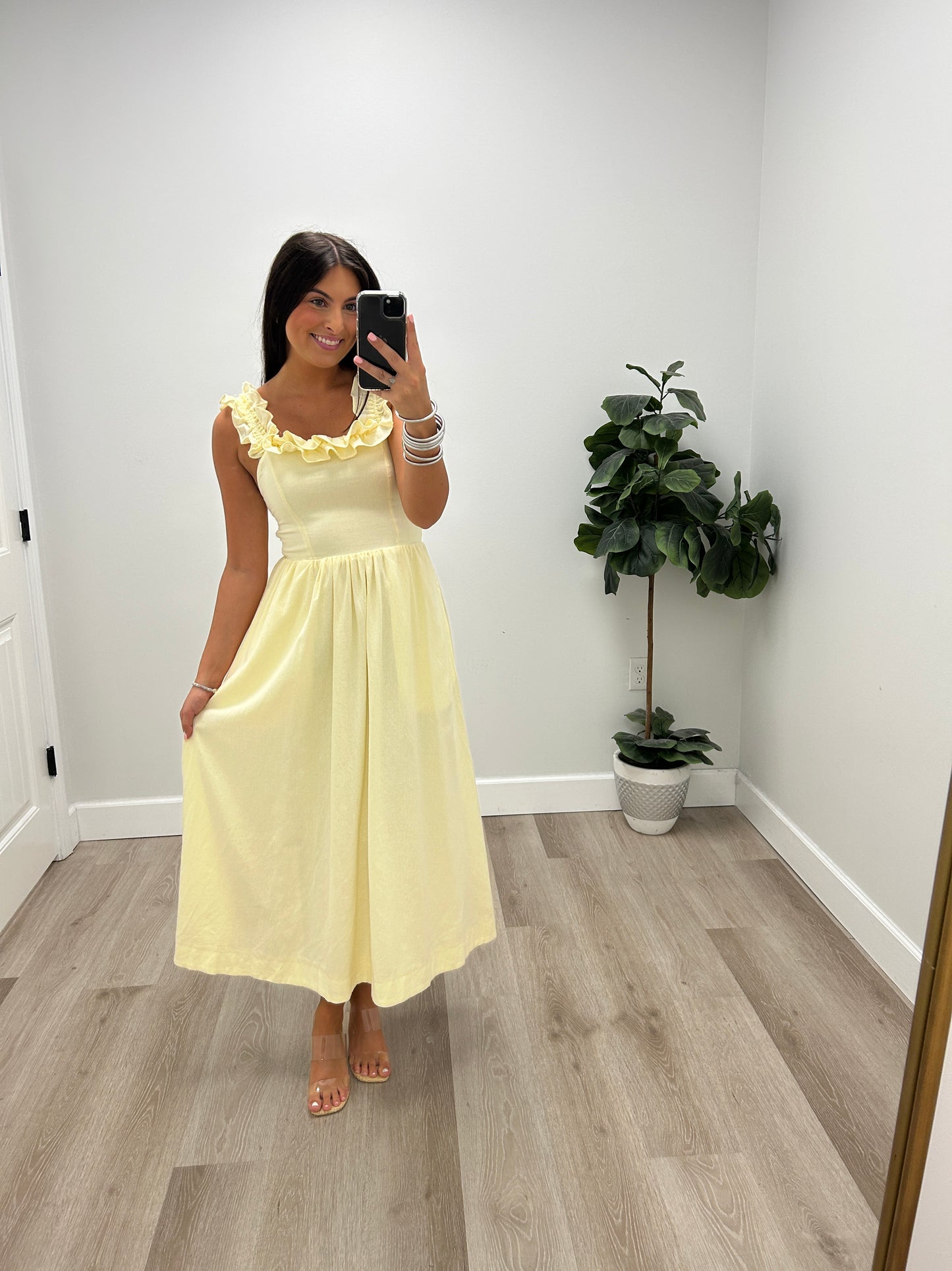 LINEN RUFFLE SQUARE NECKLINE MIDI DRESS
