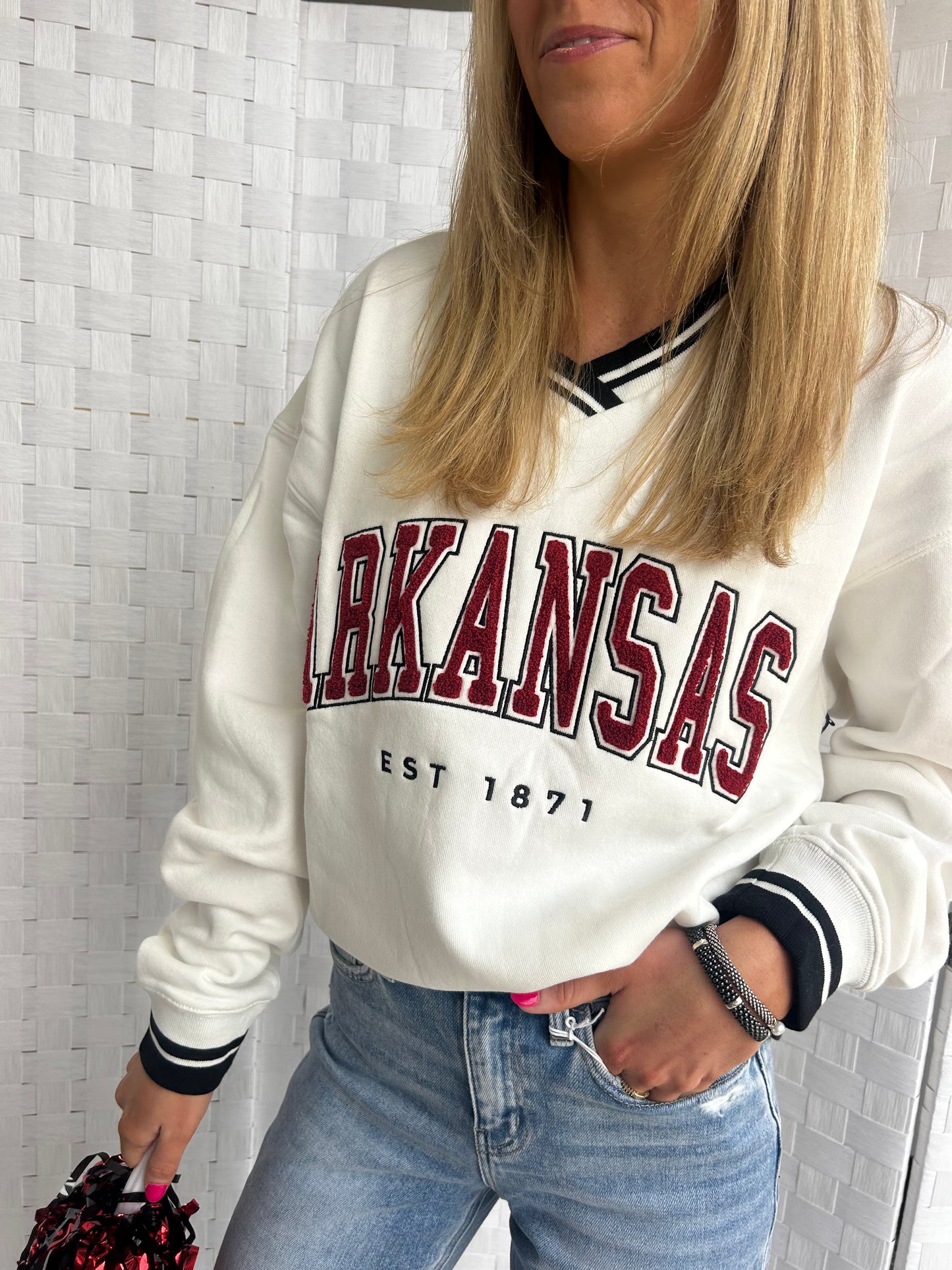 ARKANSAS CHENILLE VARSITY VNECK SWEATSHIRT