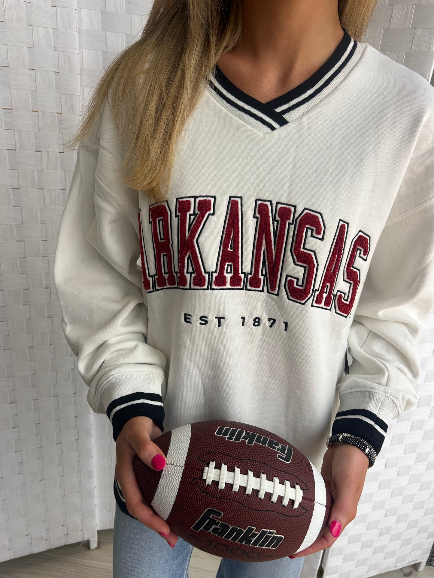 ARKANSAS CHENILLE VARSITY VNECK SWEATSHIRT