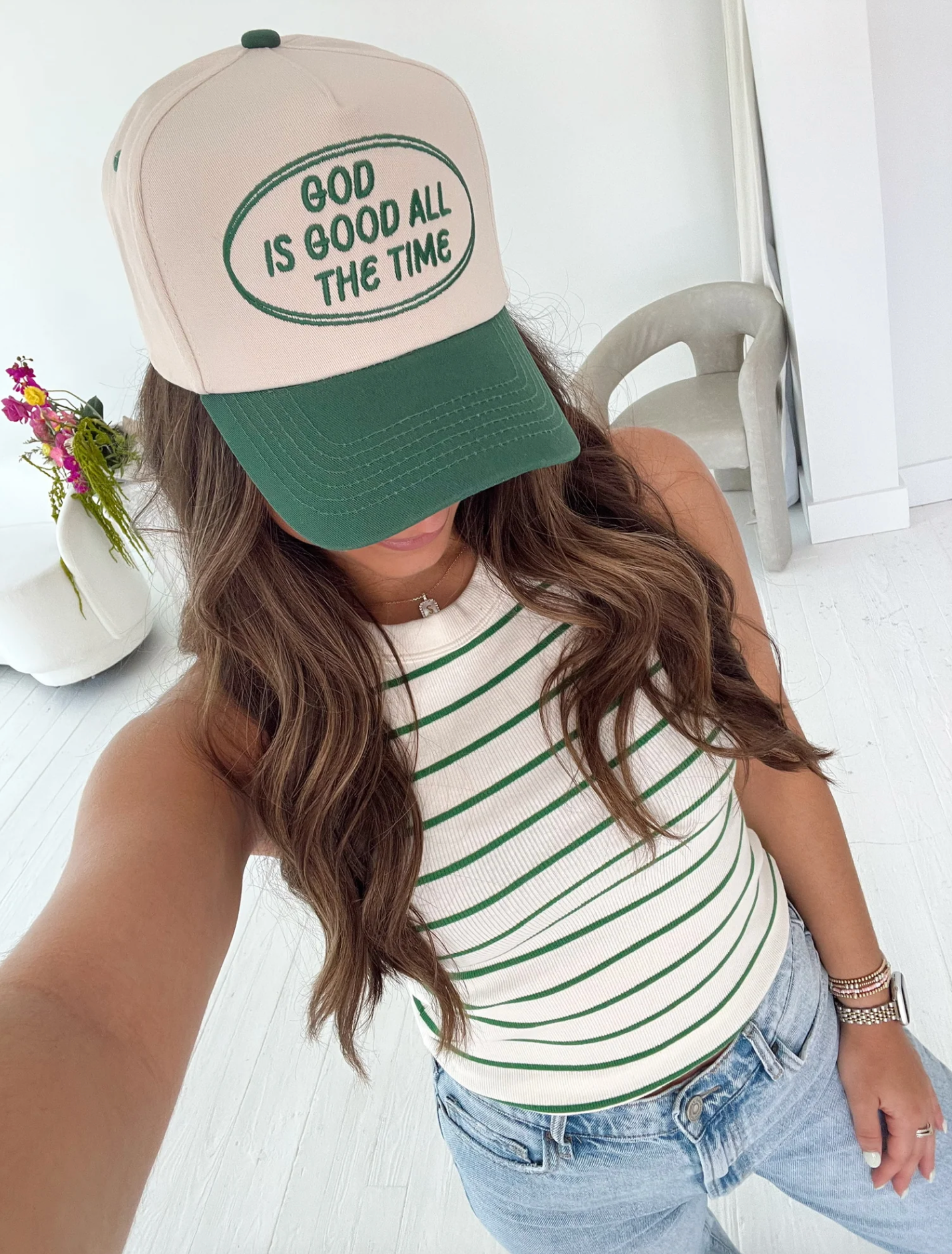 GOD IS GOOD GREEN VINTAGE TRUCKER HAT