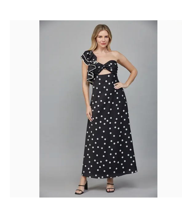 RUFFLE ONE SHOULDER POLKADOT DRESS