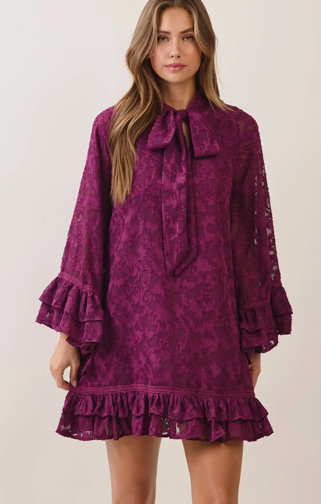 TEXTURED BOW NECK RUFFLE MINI DRESS