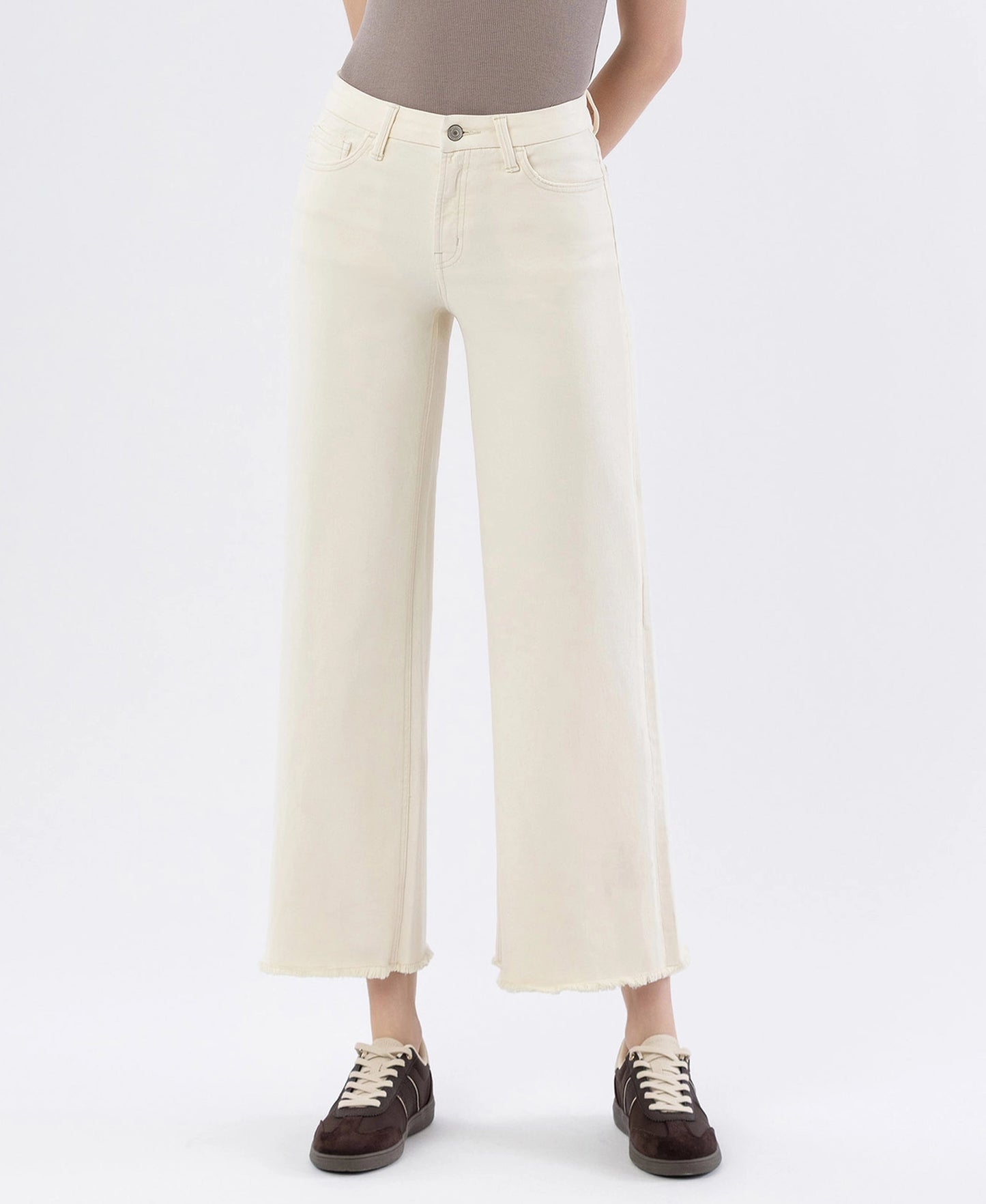 QUIETER HIGH RISE RAW HEM ANKLE WIDE LEG JEANS
