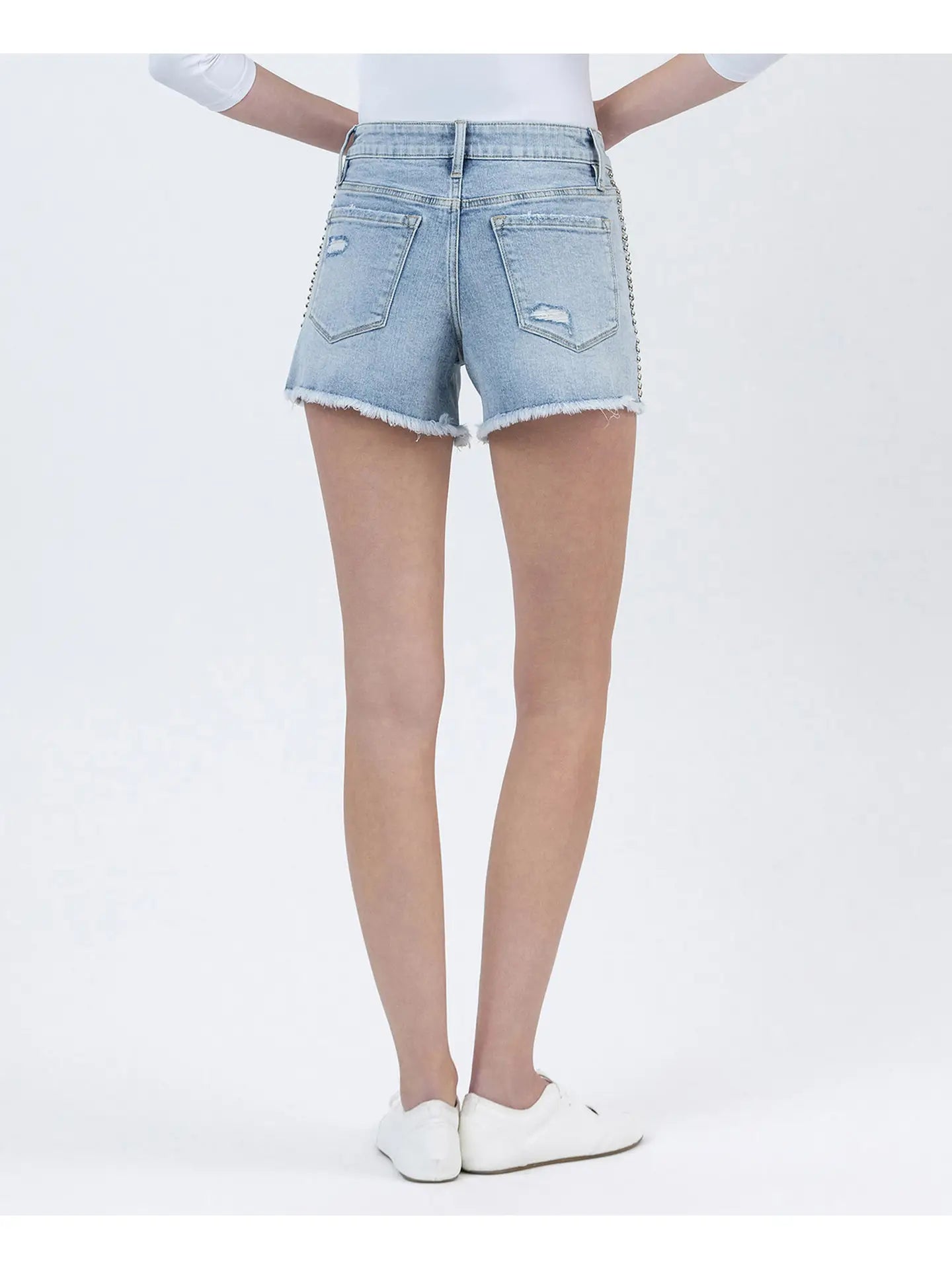 High Rise Distressed Studded Denim Shorts