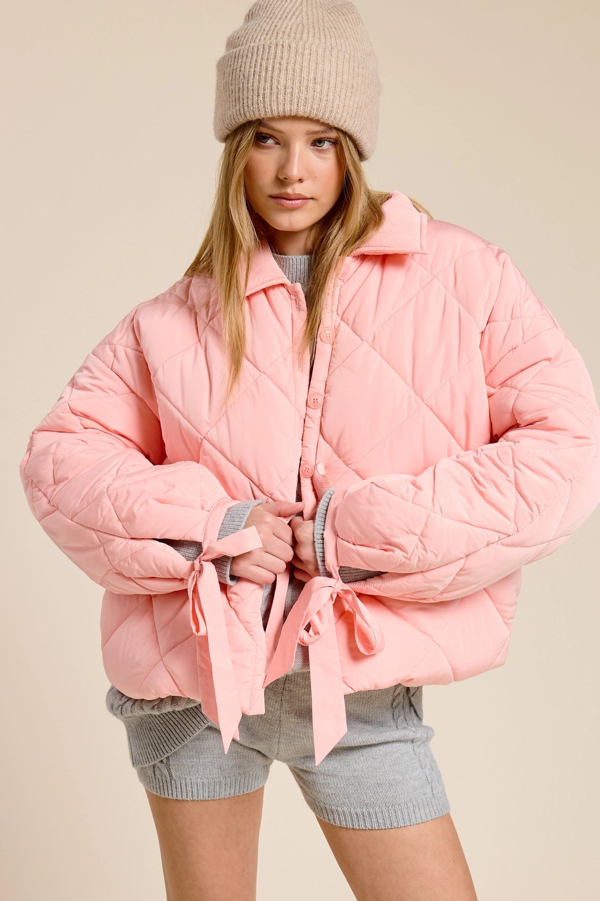 RIBBON DETAIL QUILTED PUFFER JACKET