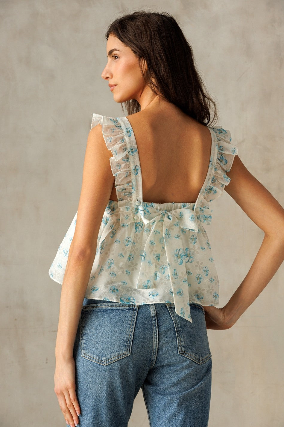 BLUE FLORAL BOW CROP TOP