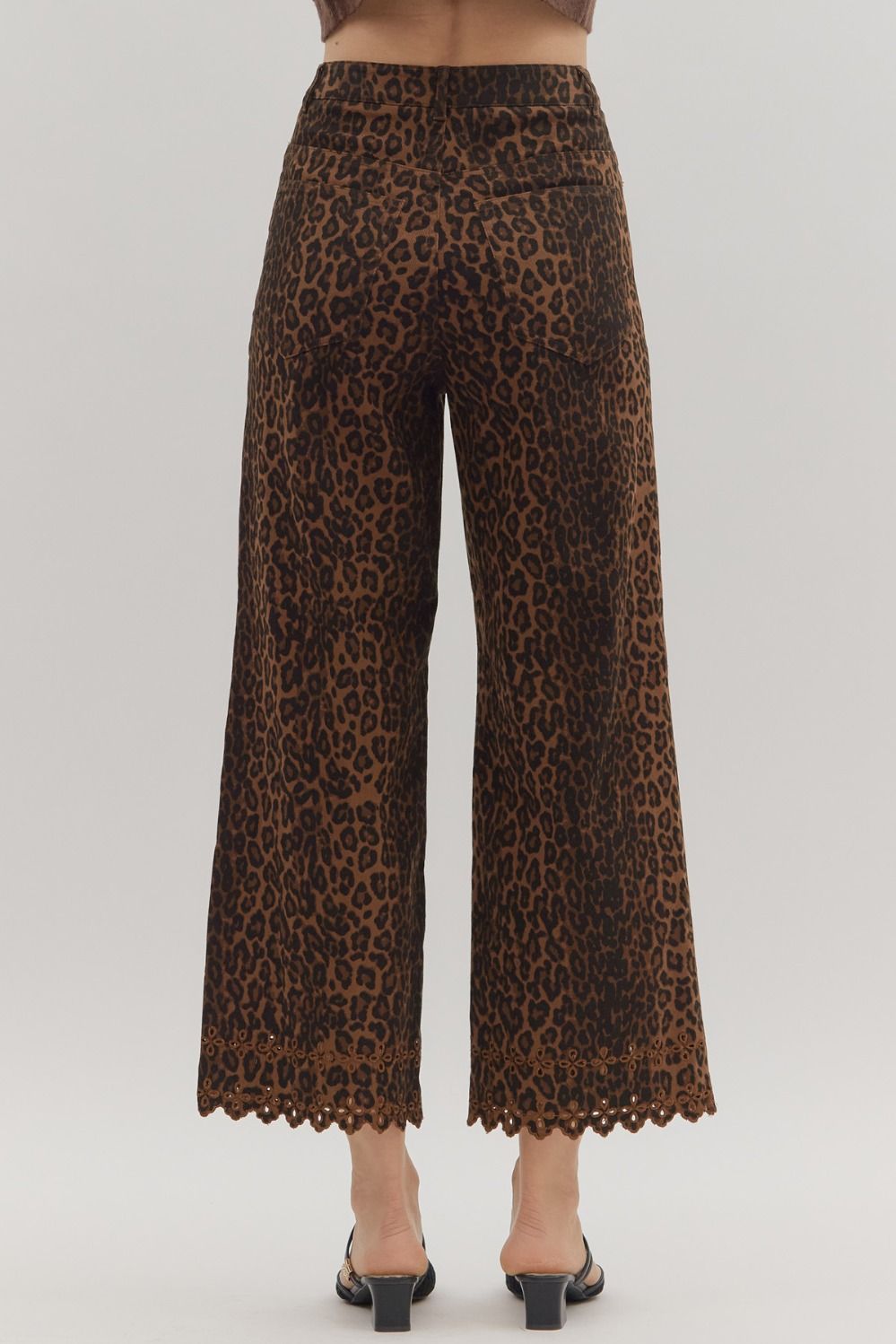 EMBROIDERED HEM LEOPARD PRINT PANTS