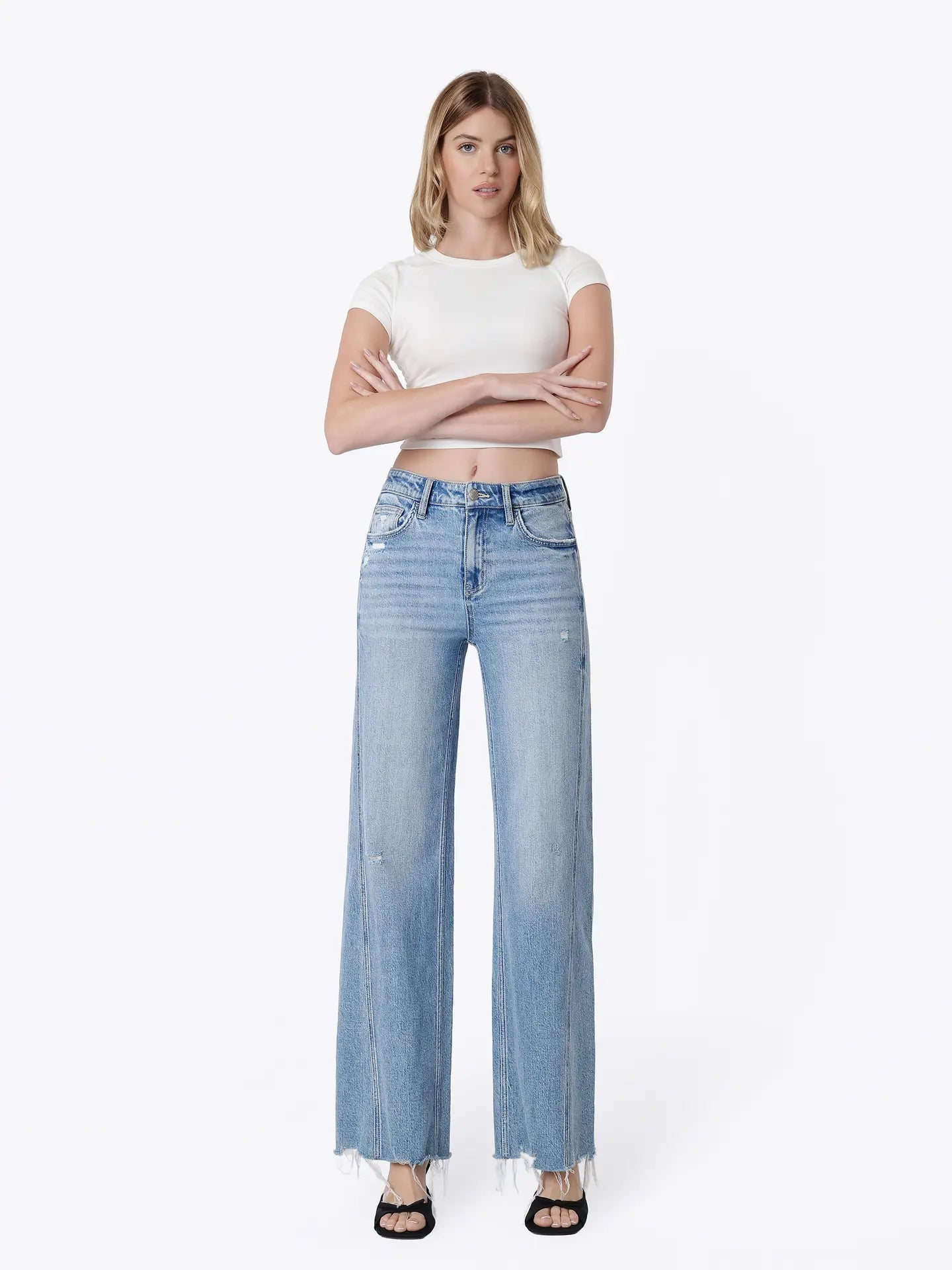 HIGH RISE DETAILED SEAM DISTRESSED WIDE JEANS