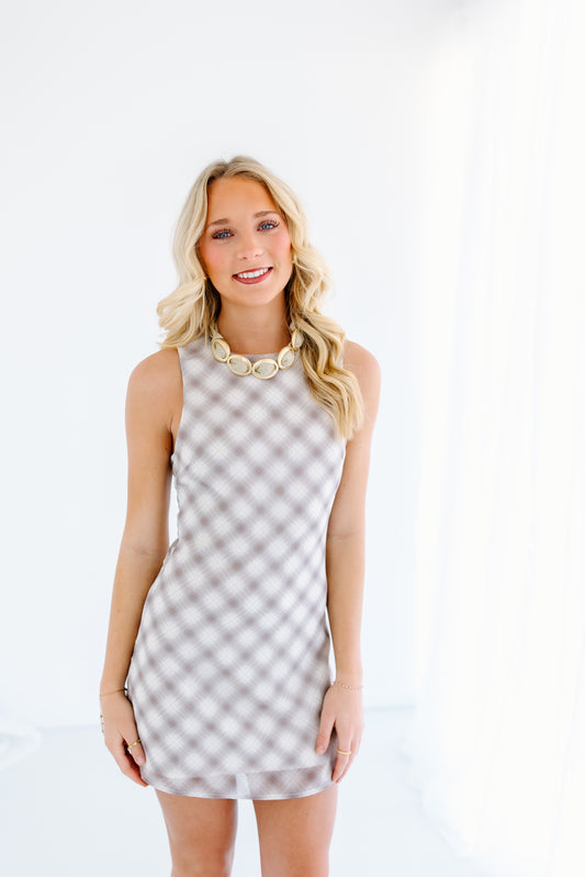 LIGHT BROWN PLAID MINI DRESS