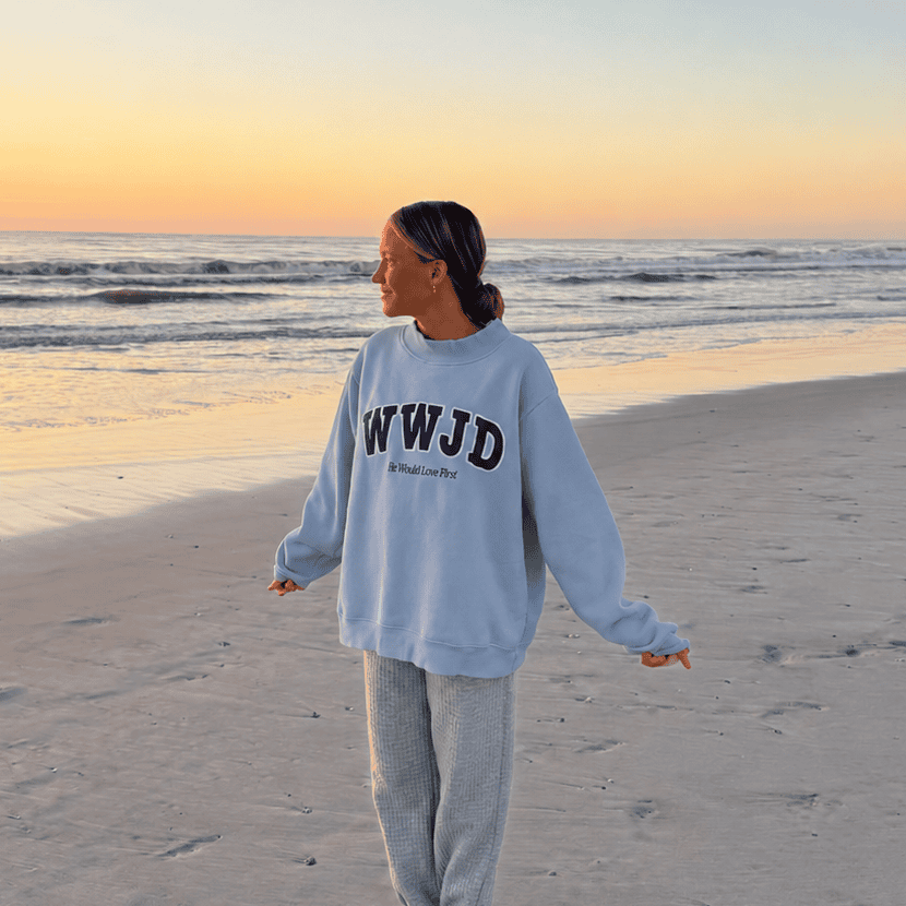 WWJD BLUE AND NAVY HEAVY WEIGHT MOCKNECK CREW