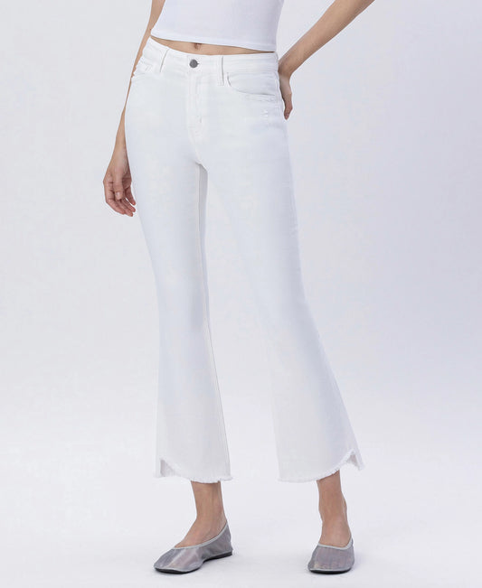 HIGH RISE RAW SLANT CROP FLARE JEANS