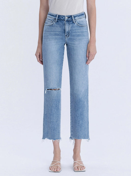 HIGH RISE DISTRESSED RIGHT KNEE STRAIGHT JEANS