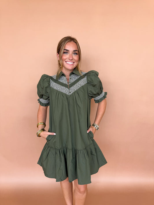 SMOCKED EMBROIDERED MINI DRESS