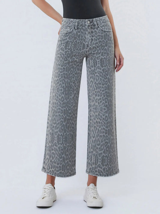 HIGH RISE GREY LEOPARD CROP WIDE LEG JEANS